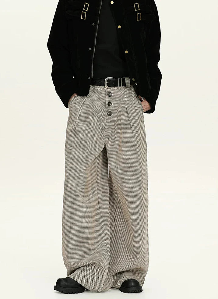 Houndstooth Pattern Button-Fly Wide Leg Trousers