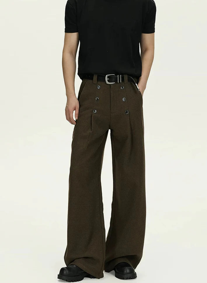 High-Waisted Pleated Wide Leg Trousers with Button Details