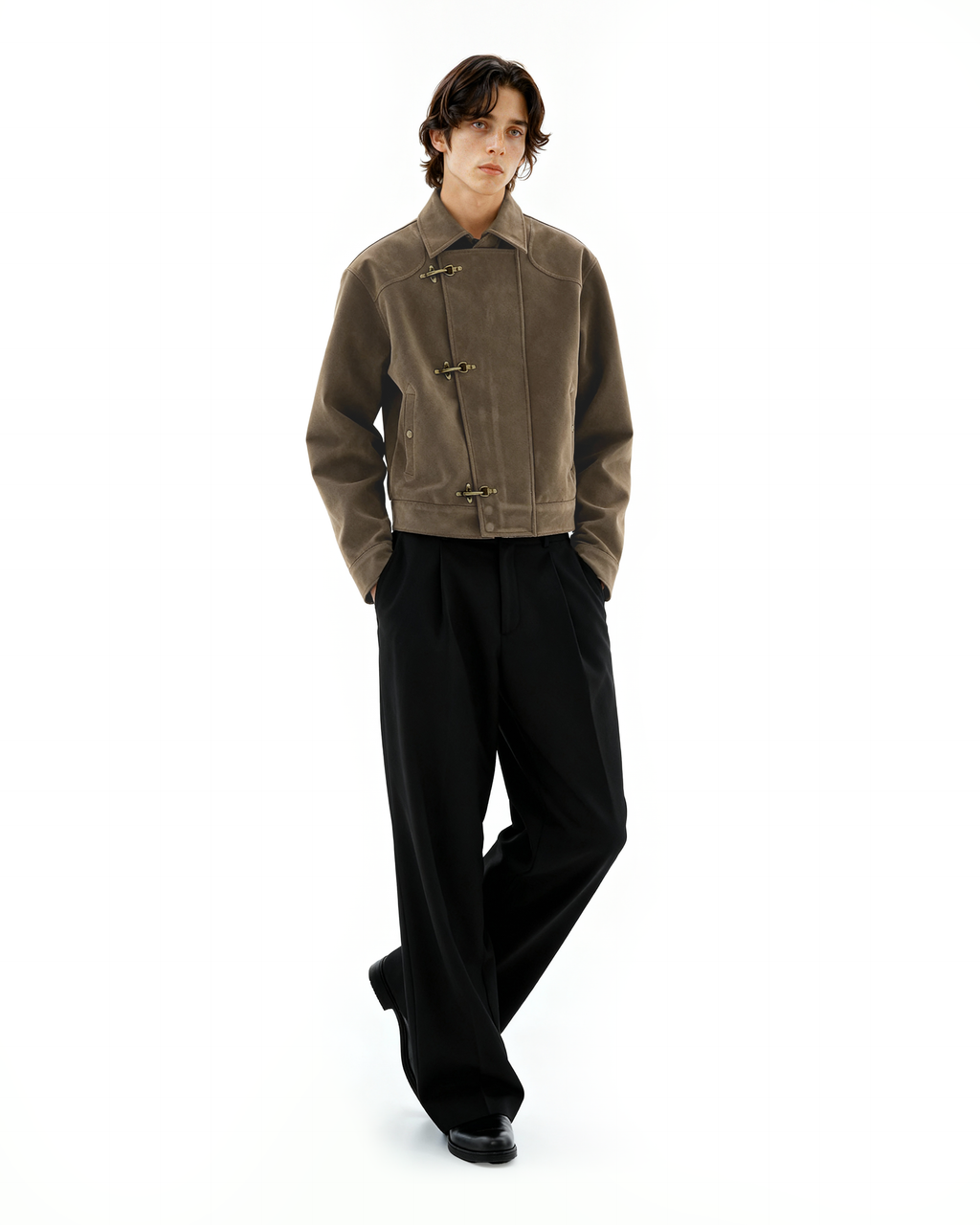 Asymmetric Fireman Buckle Mid Crop Suede Jacket