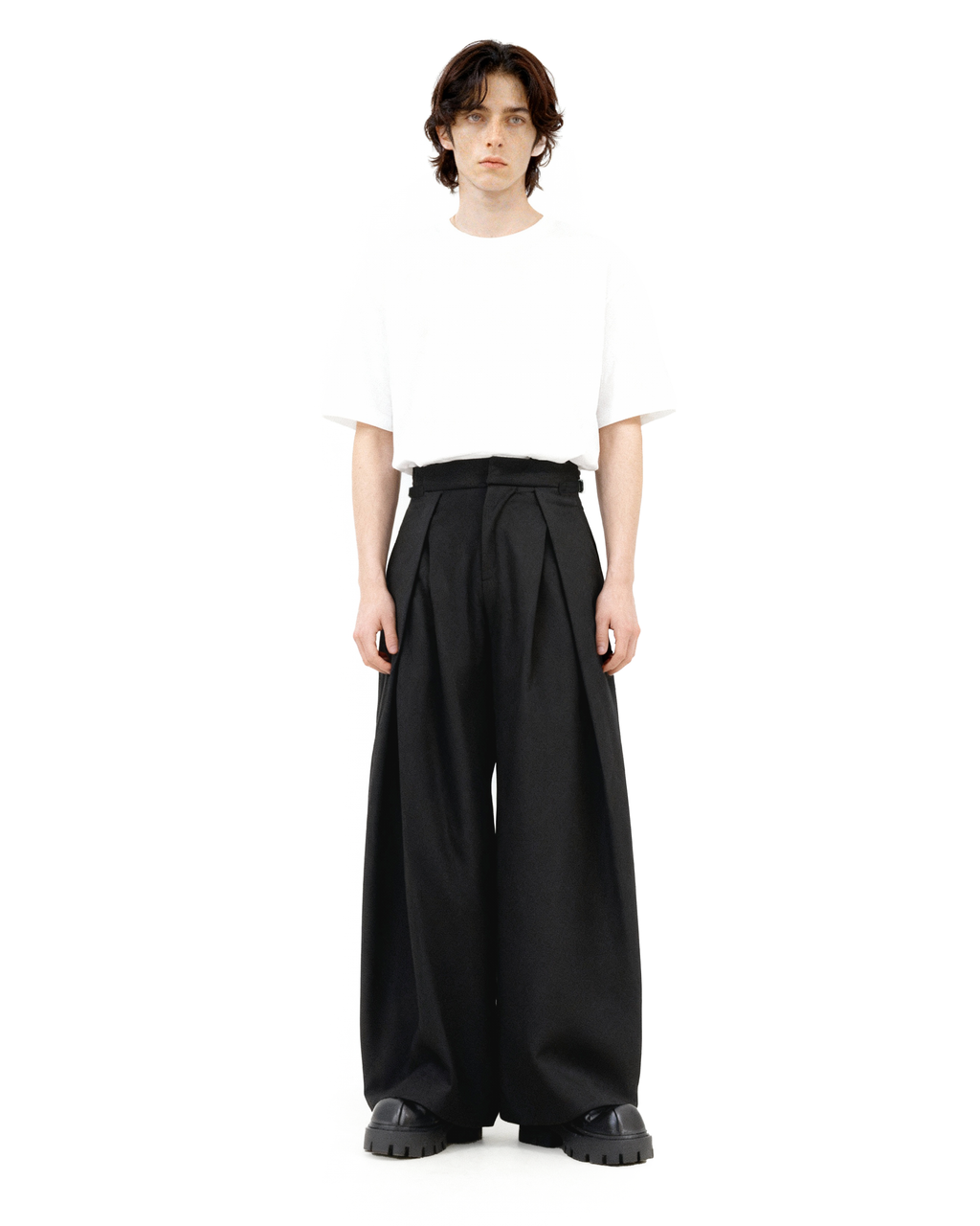 Wide Leg Pleated Palazzo Trousers with Belt Detail