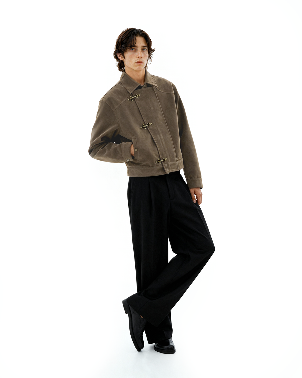 Asymmetric Fireman Buckle Mid Crop Suede Jacket