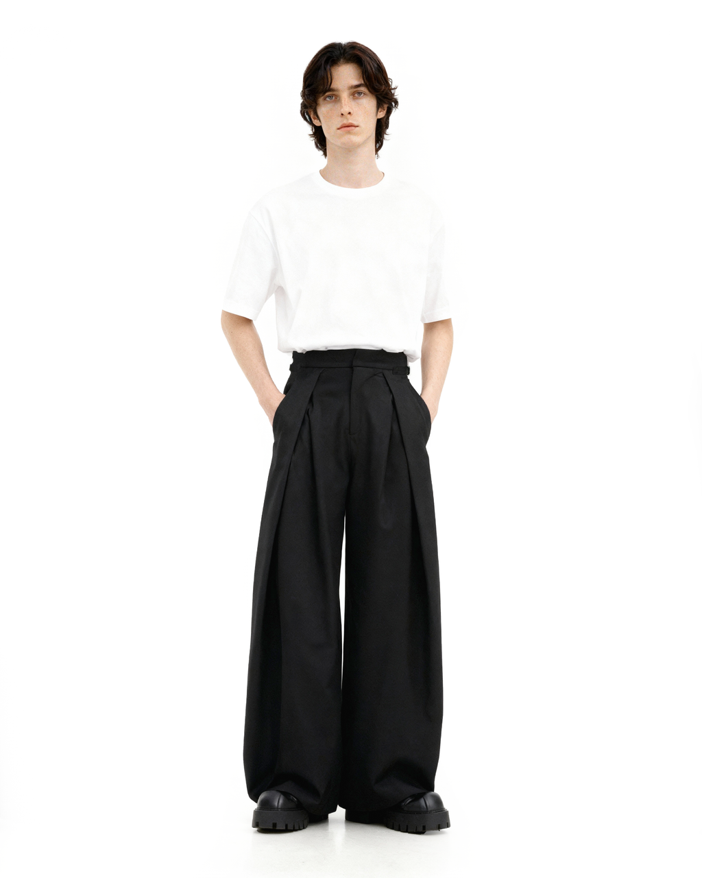 Wide Leg Pleated Palazzo Trousers with Belt Detail