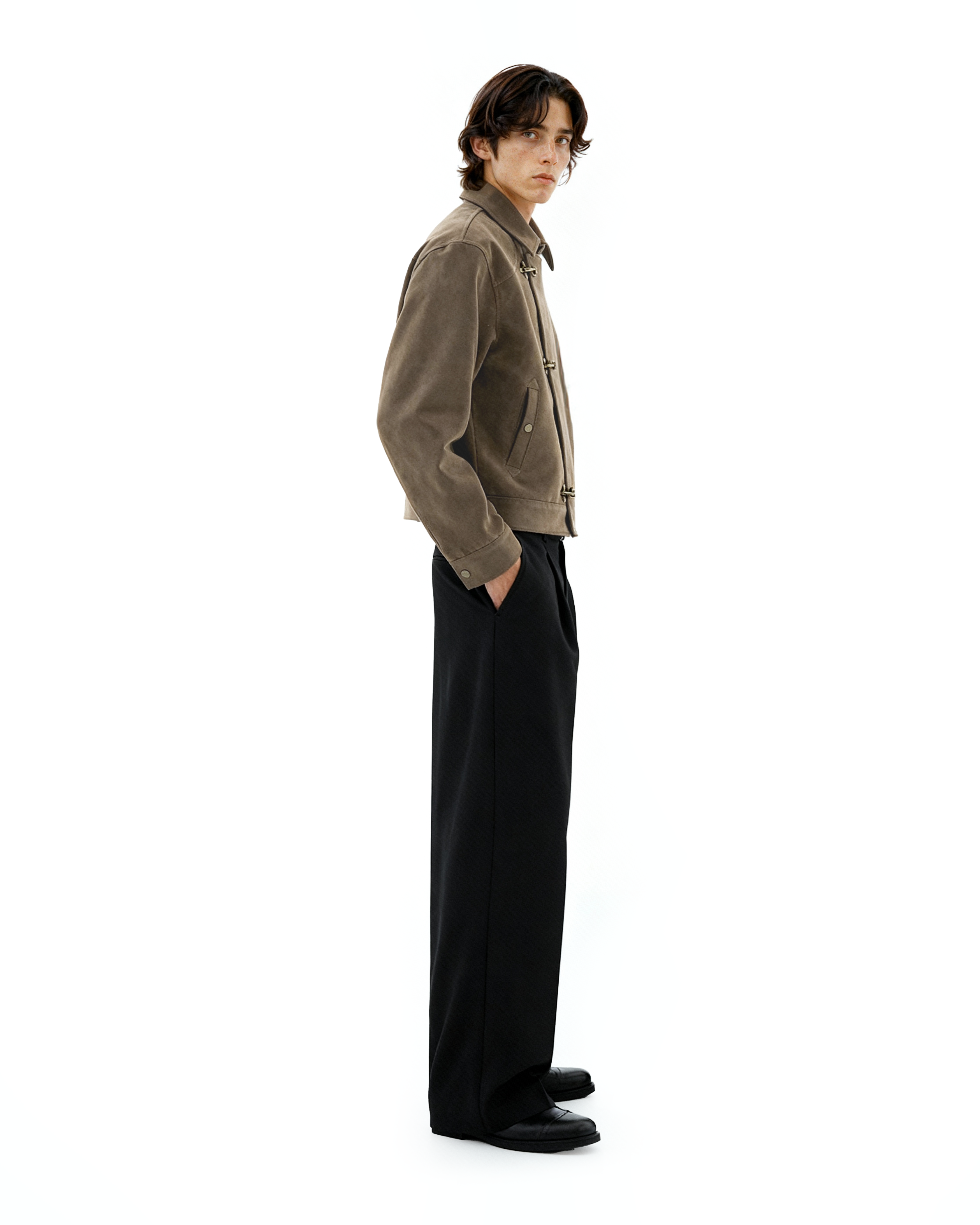 Asymmetric Fireman Buckle Mid Crop Suede Jacket