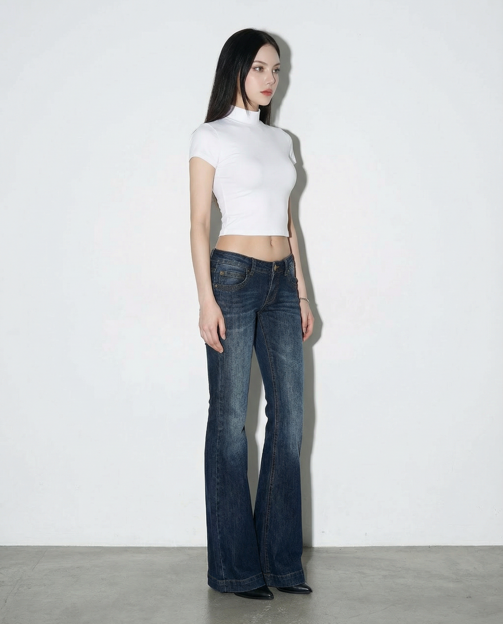 Dark Wash Low-Waist Faded Flare Jeans