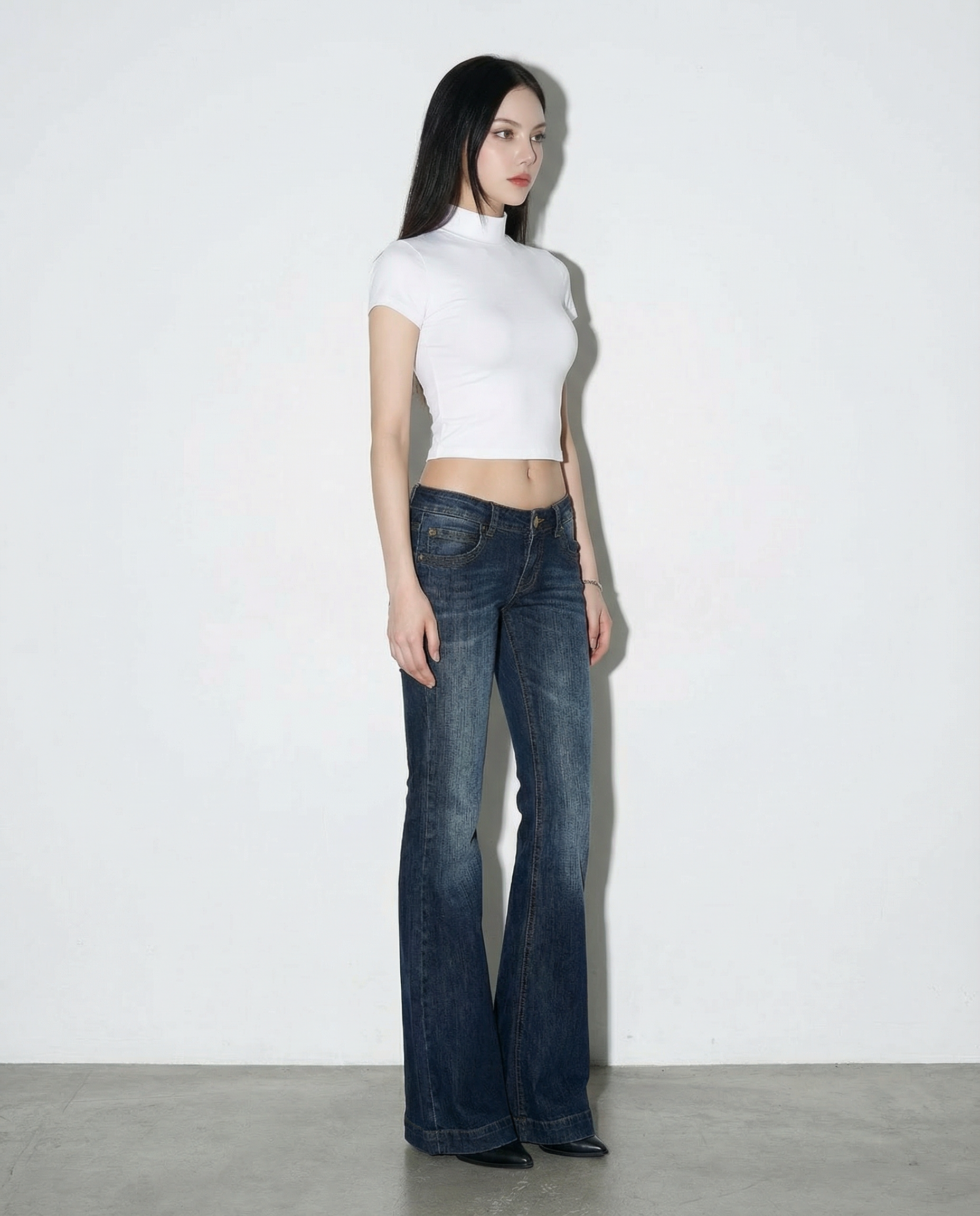 Dark Wash Low-Waist Faded Flare Jeans