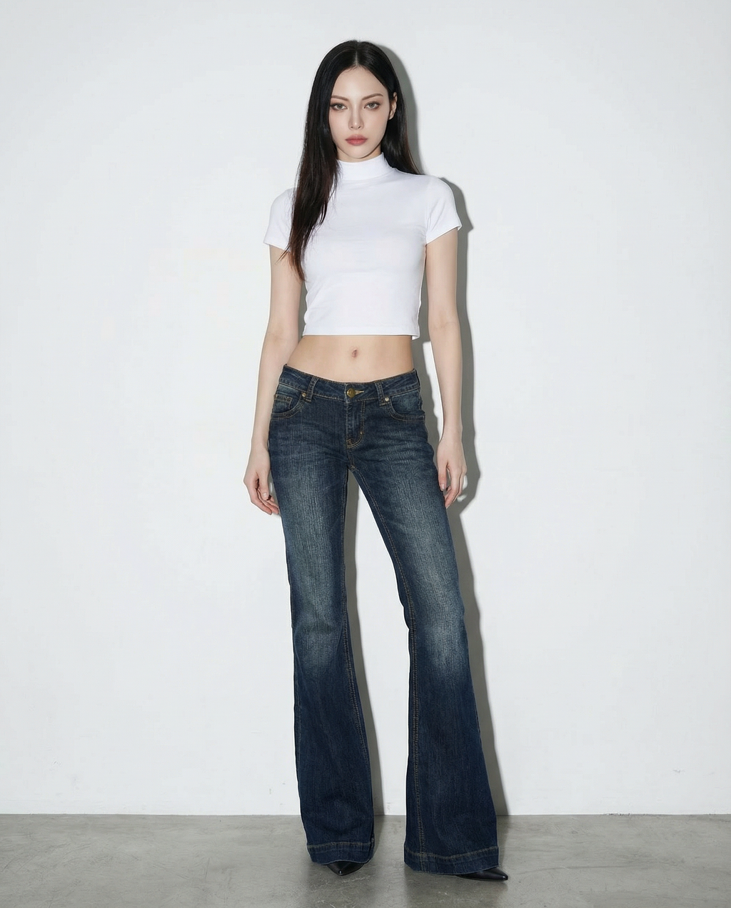 Dark Wash Low-Waist Faded Flare Jeans