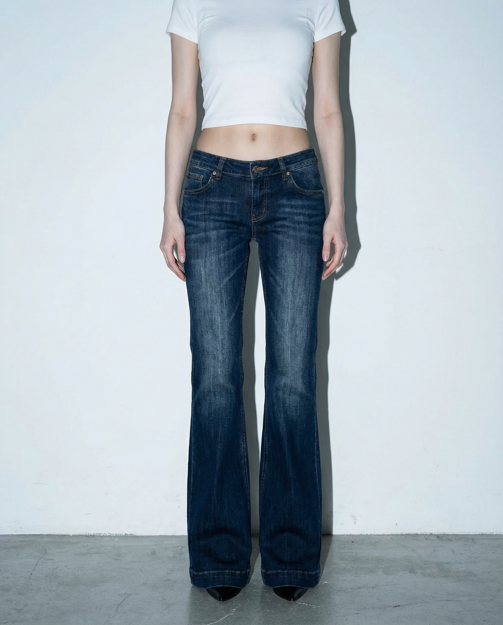 Dark Wash Low-Waist Faded Flare Jeans