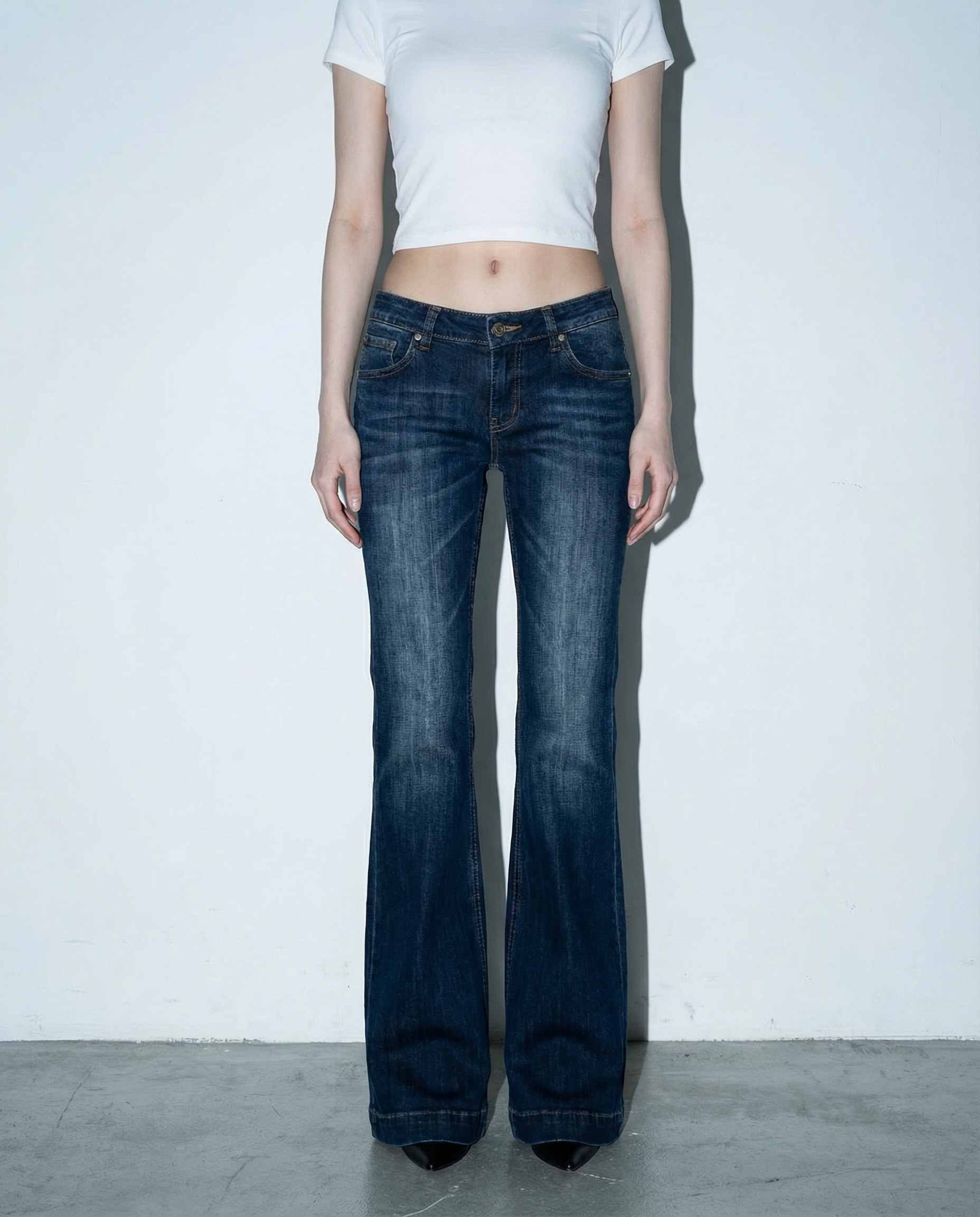 Dark Wash Low-Waist Faded Flare Jeans