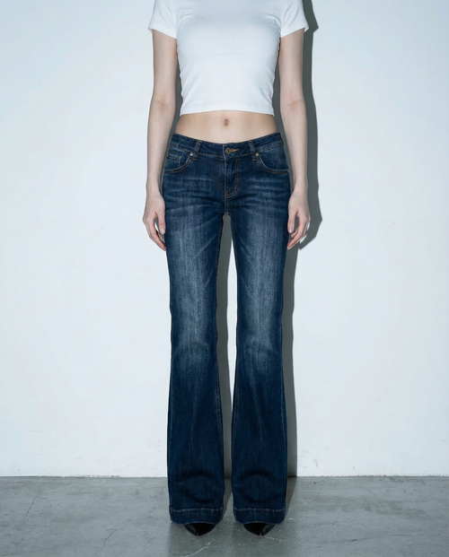 Dark Wash Low-Waist Faded Flare Jeans