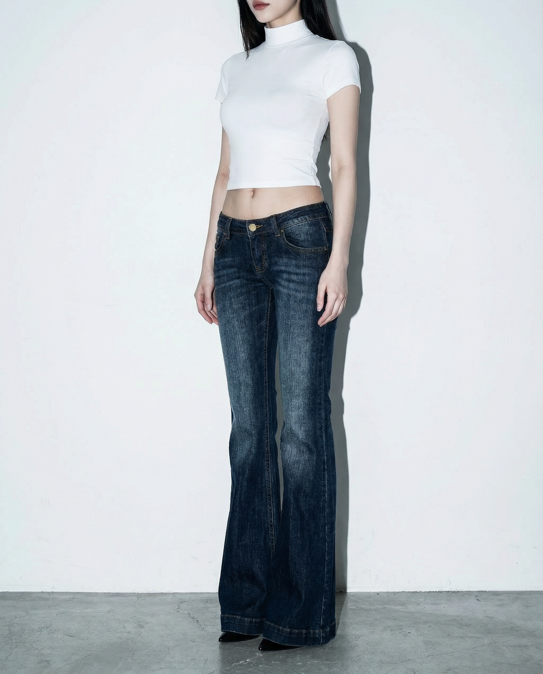 Dark Wash Low-Waist Faded Flare Jeans