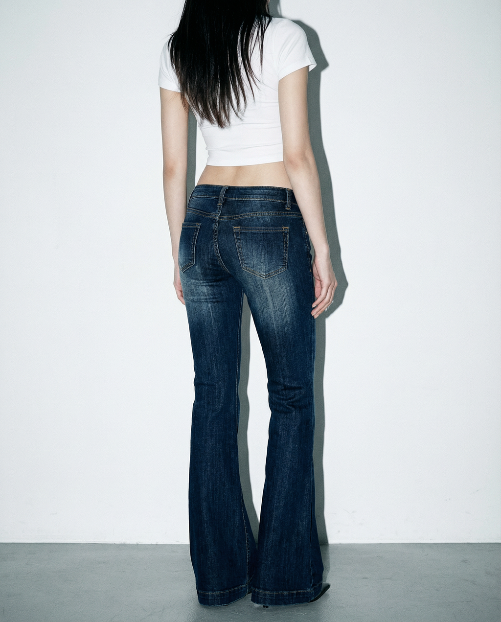 Dark Wash Low-Waist Faded Flare Jeans