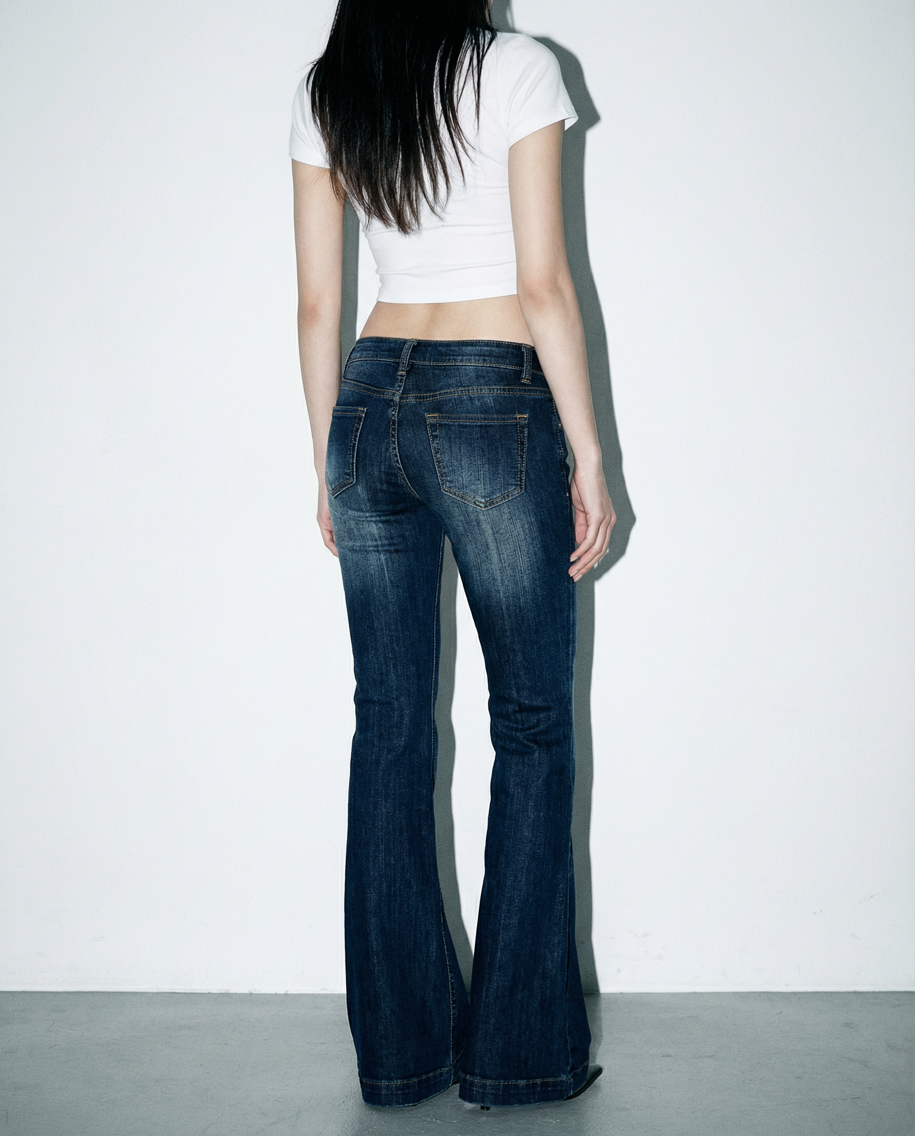 Dark Wash Low-Waist Faded Flare Jeans