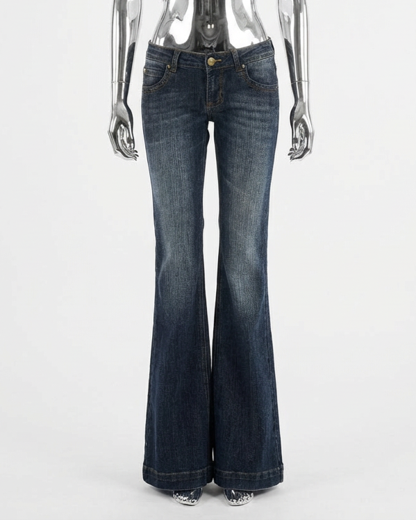 Dark Wash Low-Waist Faded Flare Jeans