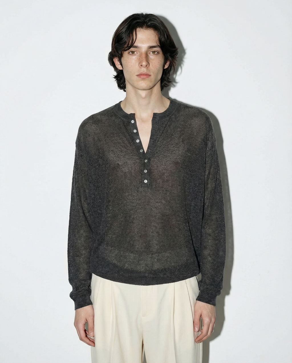 Mesh Knit Lightweight Henley Long Sleeve Shirt
