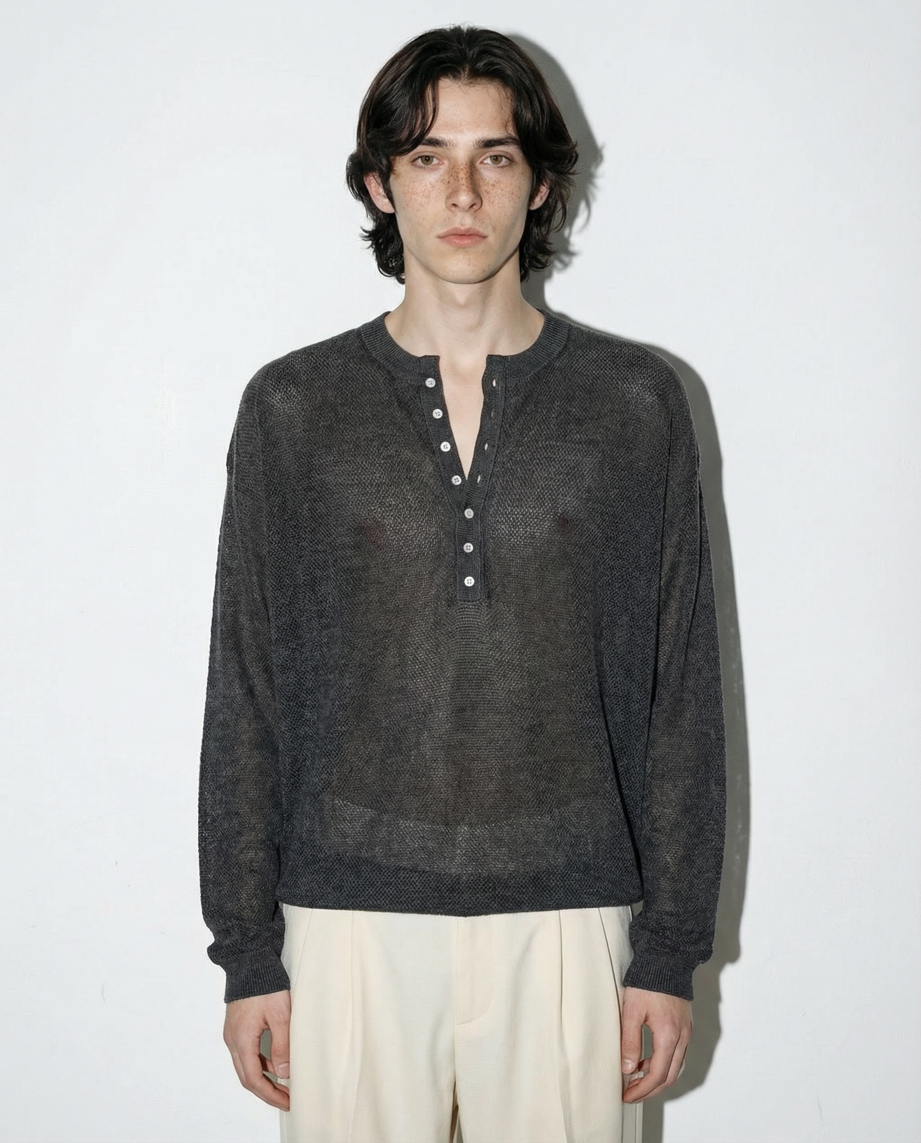 Mesh Knit Lightweight Henley Long Sleeve Shirt