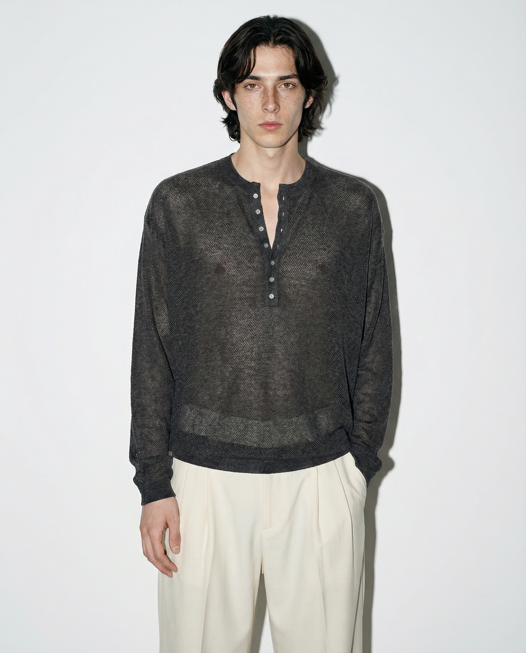 Mesh Knit Lightweight Henley Long Sleeve Shirt