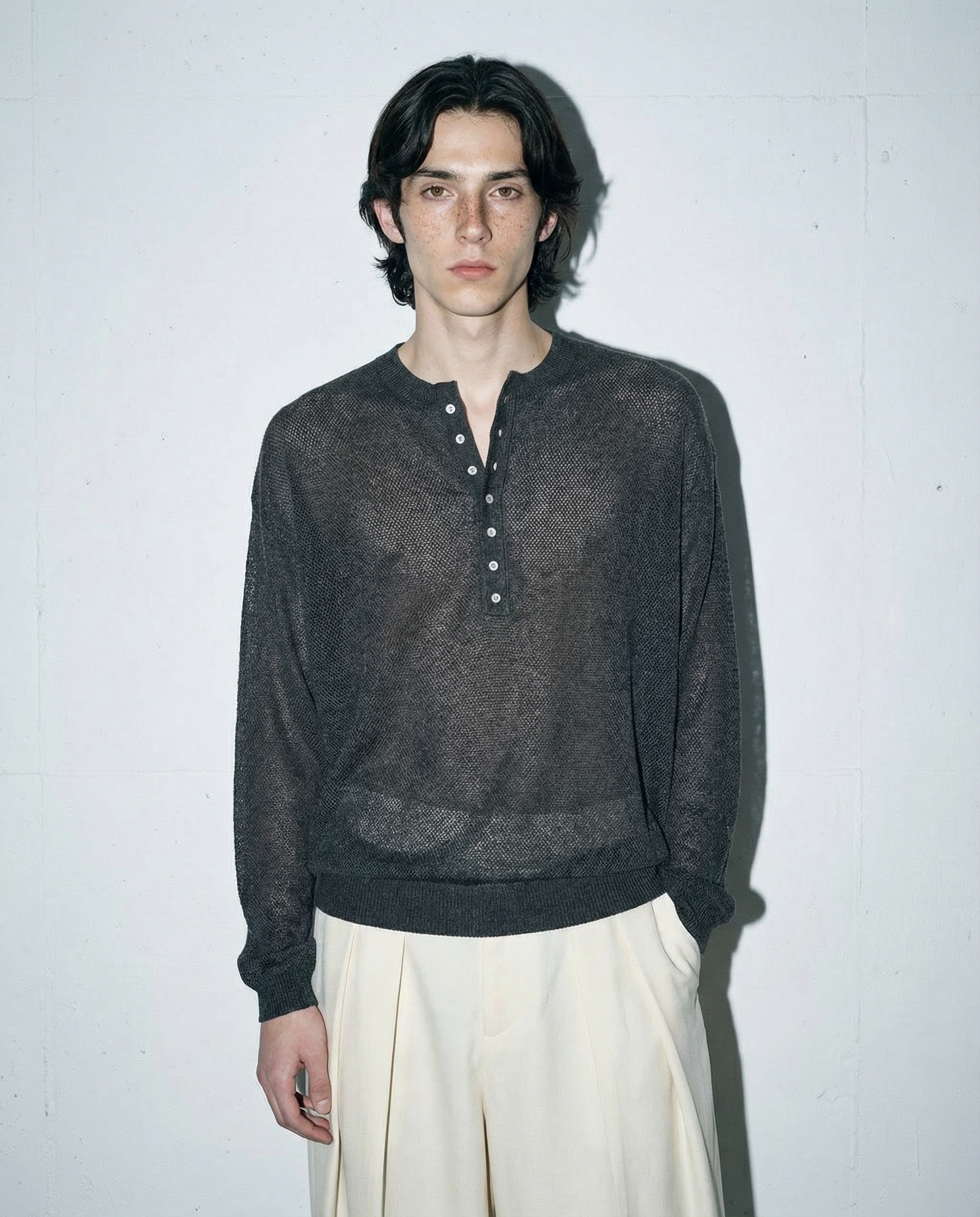 Mesh Knit Lightweight Henley Long Sleeve Shirt