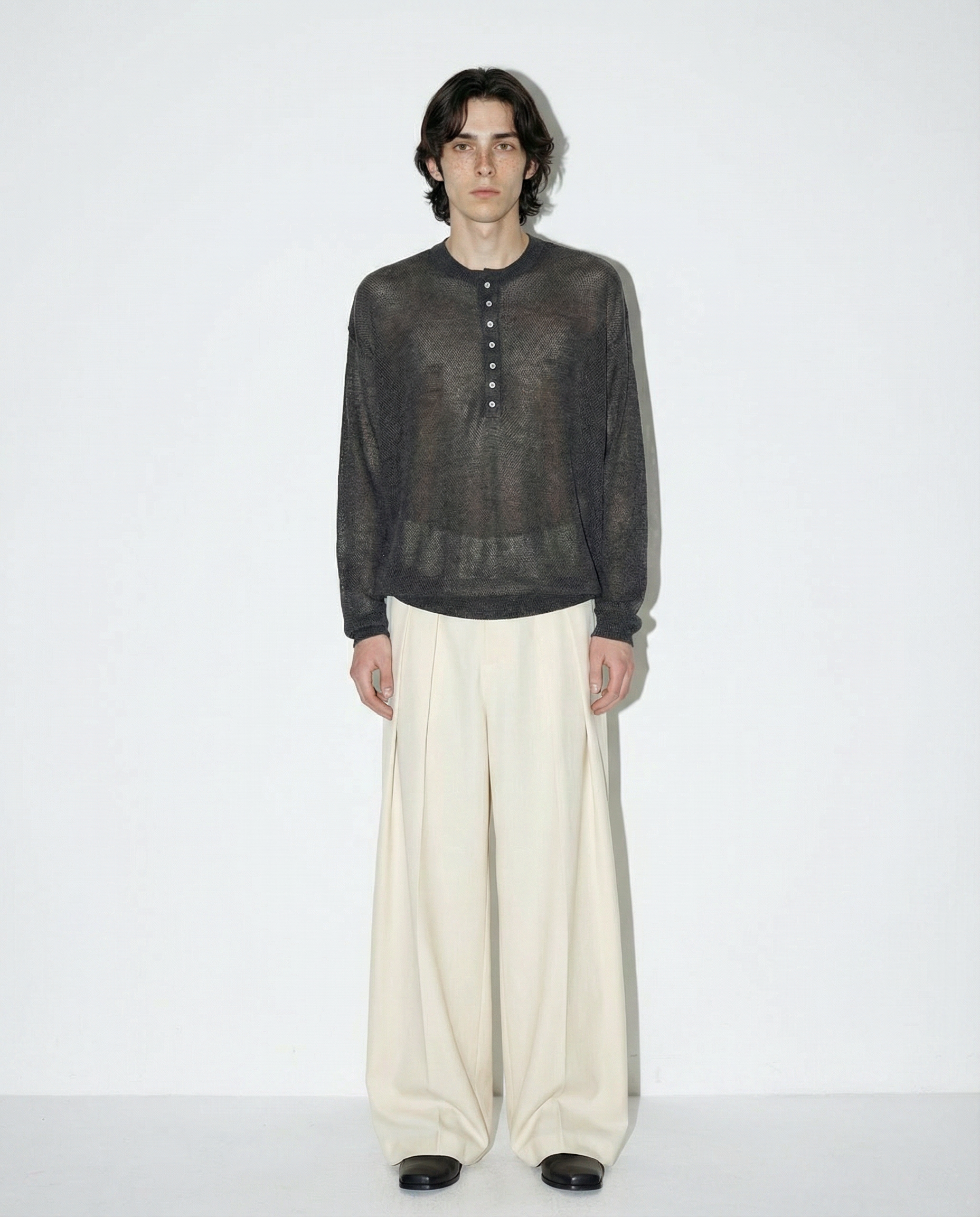 Mesh Knit Lightweight Henley Long Sleeve Shirt