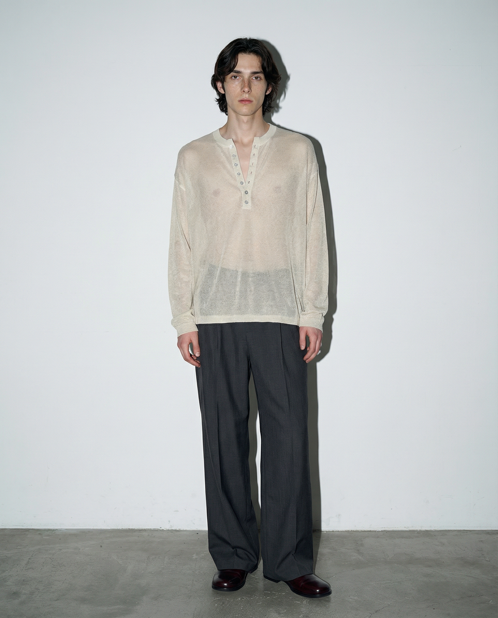 Mesh Knit Lightweight Henley Long Sleeve Shirt