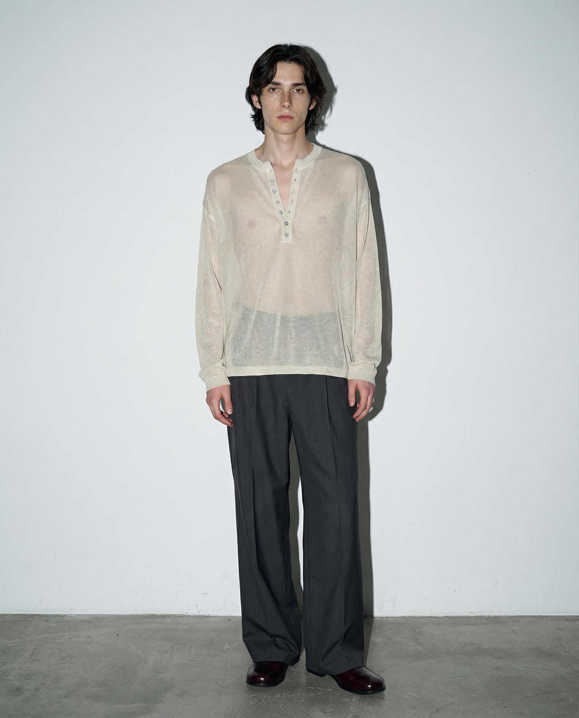 Mesh Knit Lightweight Henley Long Sleeve Shirt