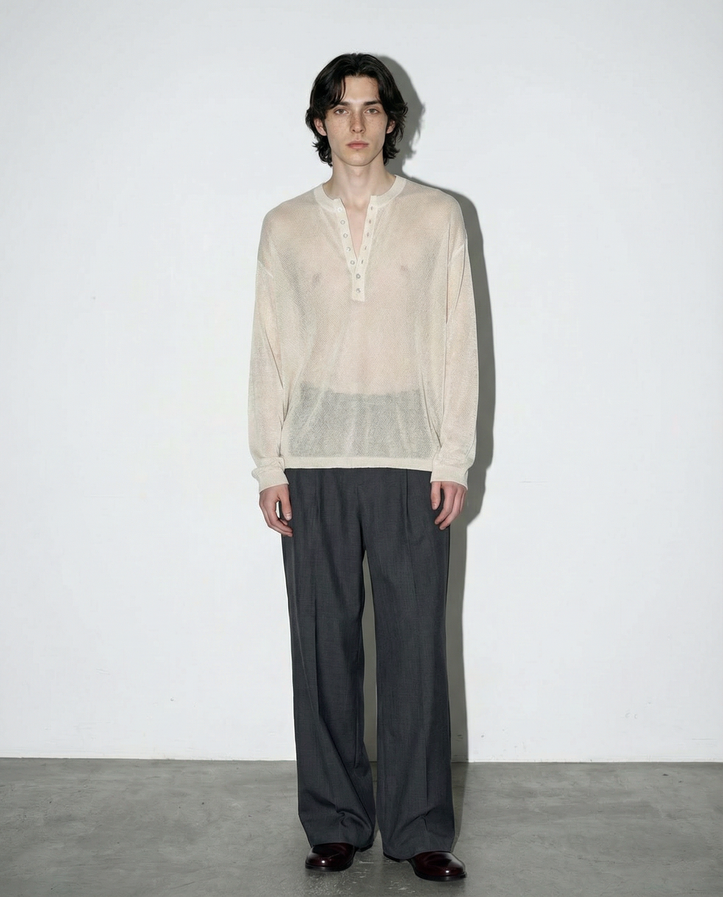 Mesh Knit Lightweight Henley Long Sleeve Shirt