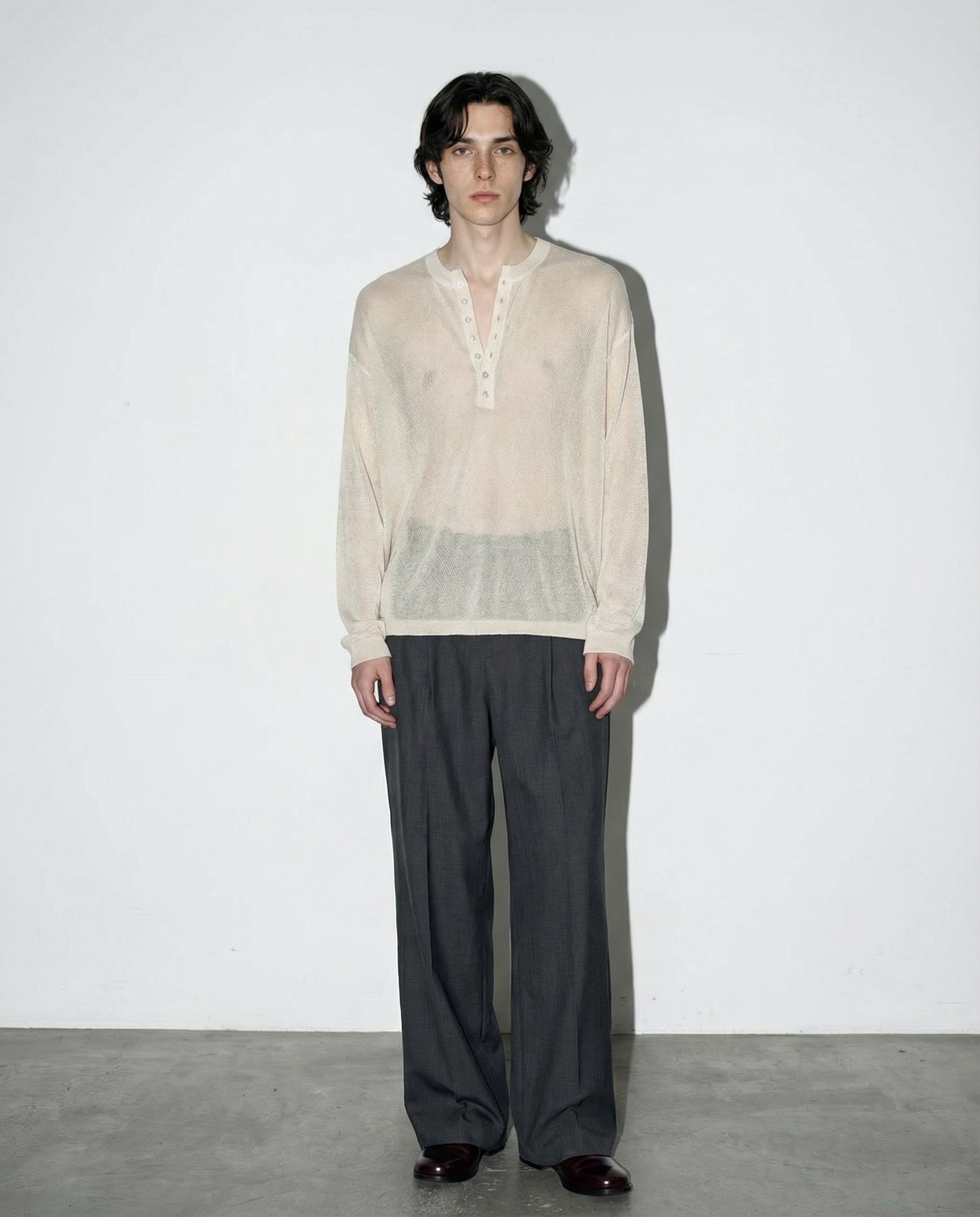 Mesh Knit Lightweight Henley Long Sleeve Shirt