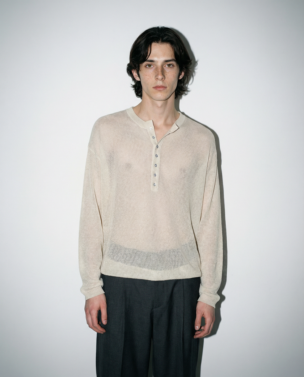Mesh Knit Lightweight Henley Long Sleeve Shirt