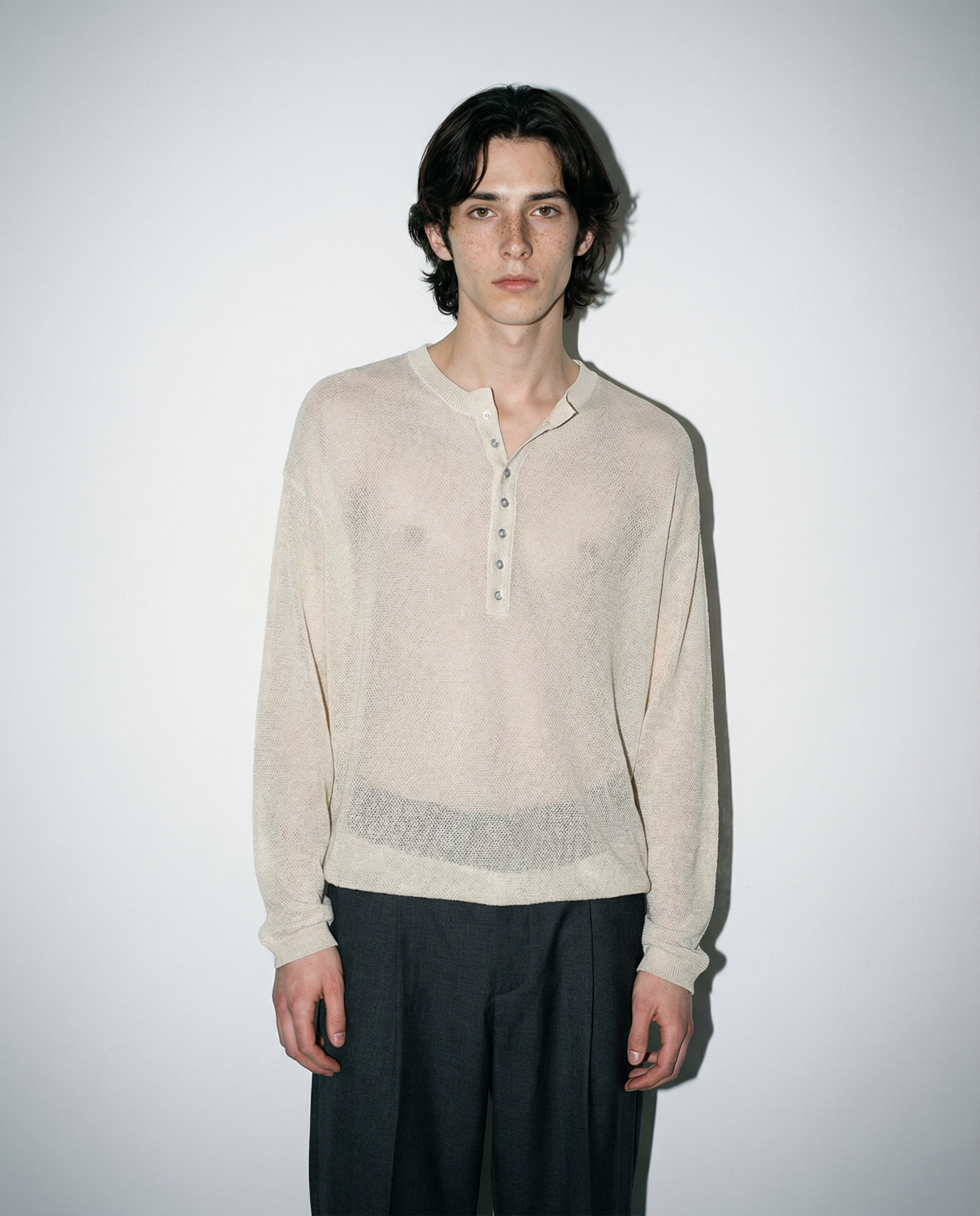 Mesh Knit Lightweight Henley Long Sleeve Shirt