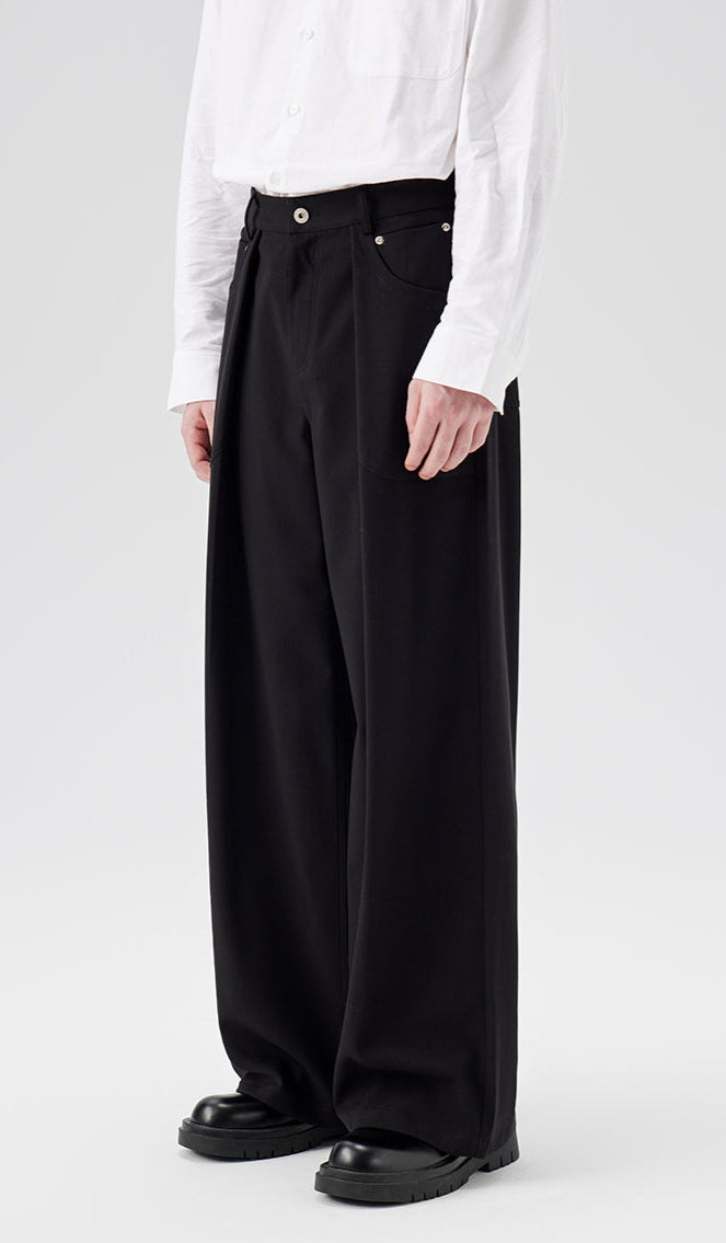 Wide Leg Pleated Trousers with Button Details