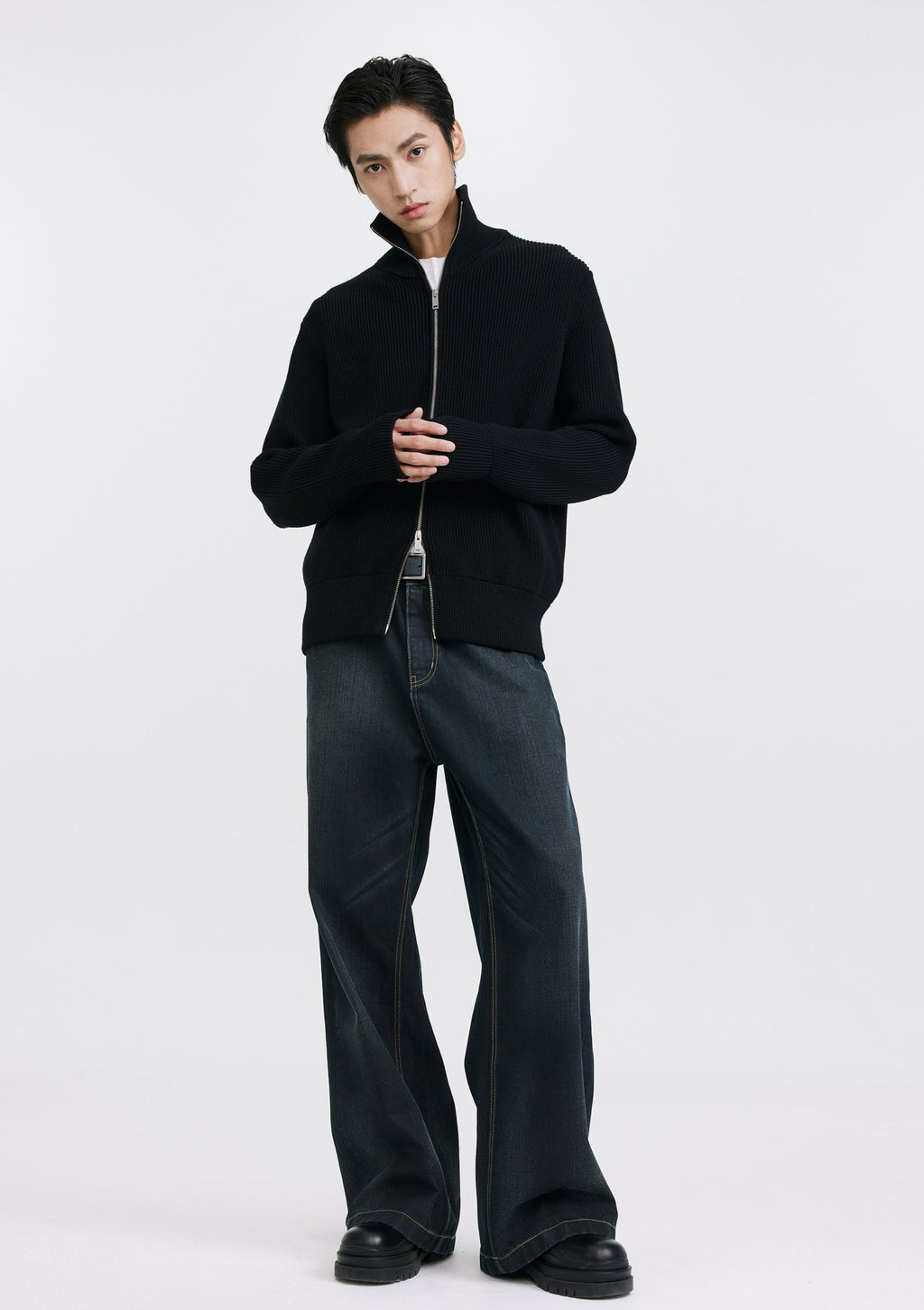 Ribbed Knit Double Zip Jacket with Stand Collar