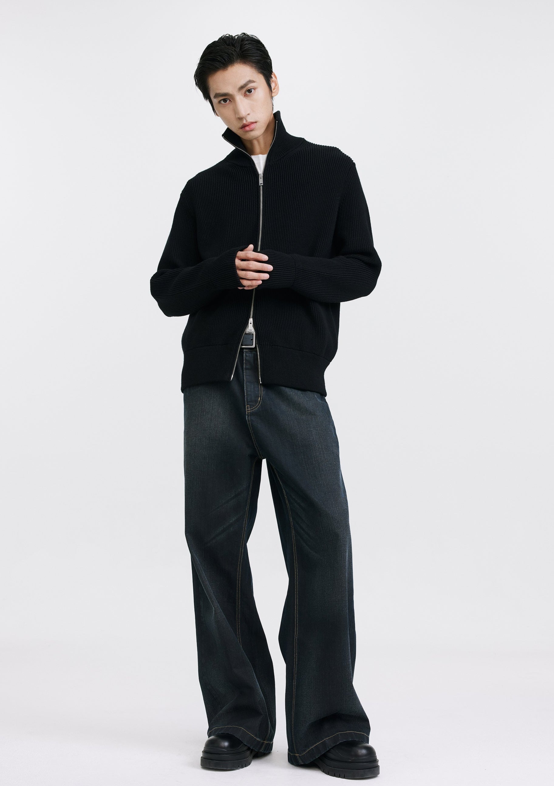 Ribbed Knit Double Zip Jacket with Stand Collar