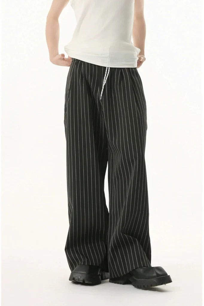 Mock Two-Piece Pinstripe Wide Leg Trousers with Elastic Waist