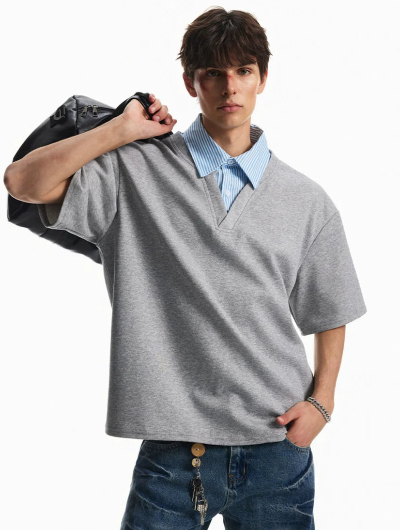 Mock Layered Contrast Collar Short Sleeve Shirt