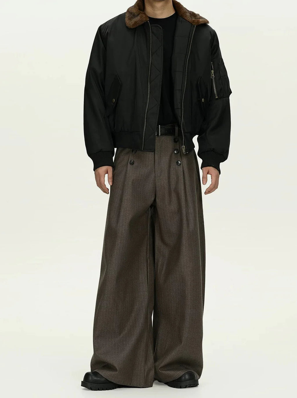 High Waist Double Button Pleated Pinstripe Pants