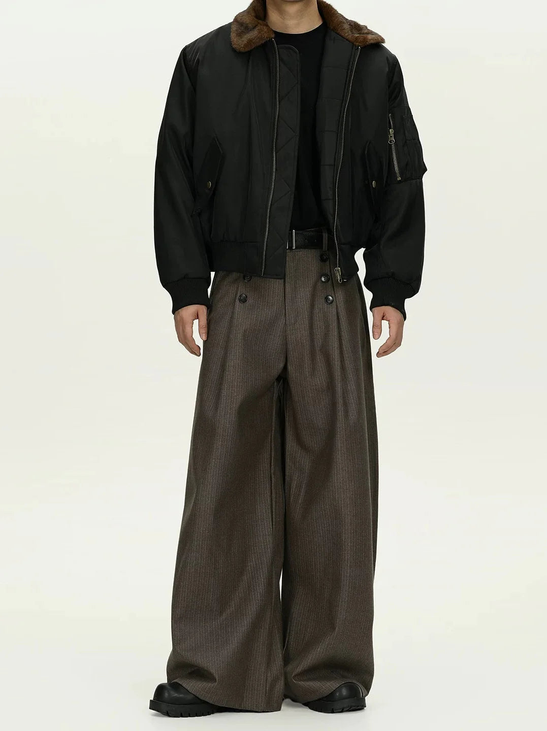 High Waist Double Button Pleated Pinstripe Pants