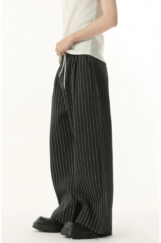 Mock Two-Piece Pinstripe Wide Leg Trousers with Elastic Waist