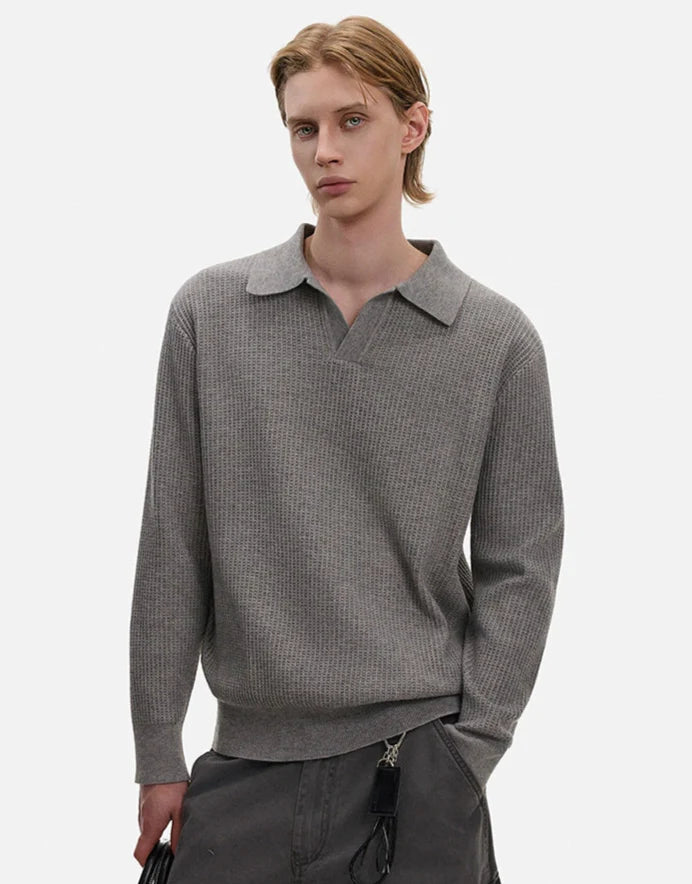 Waffle Textured Long Sleeve Polo Shirt