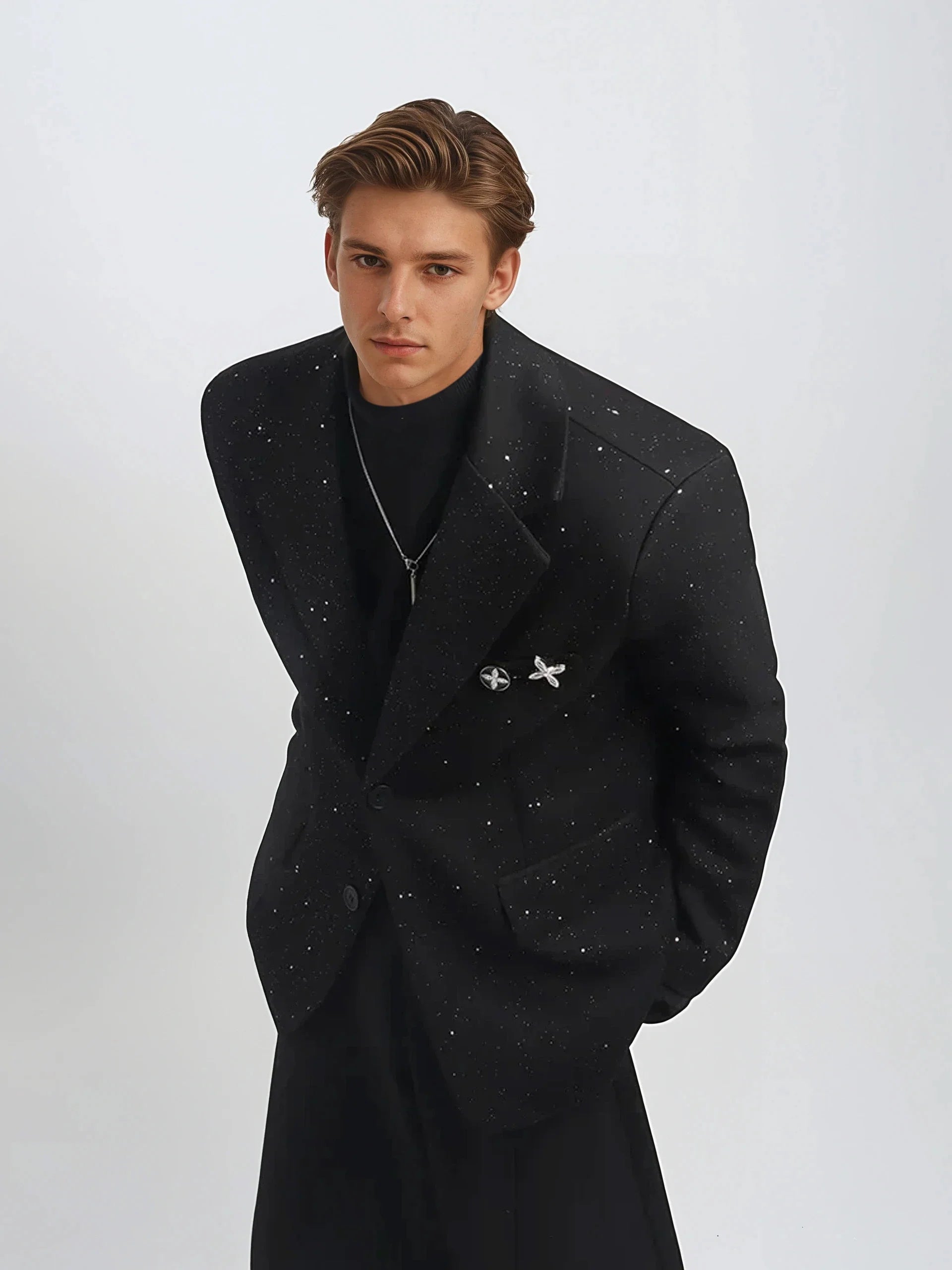 Oversized Starry Speckled Blazer with Pocket Pins