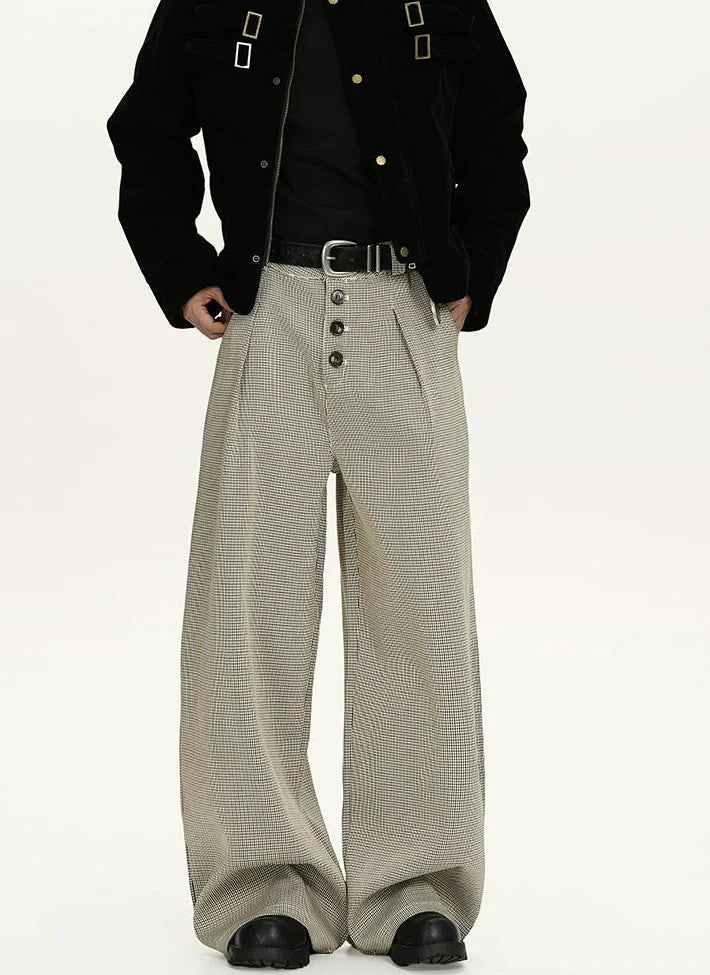Houndstooth Pattern Button-Fly Wide Leg Trousers