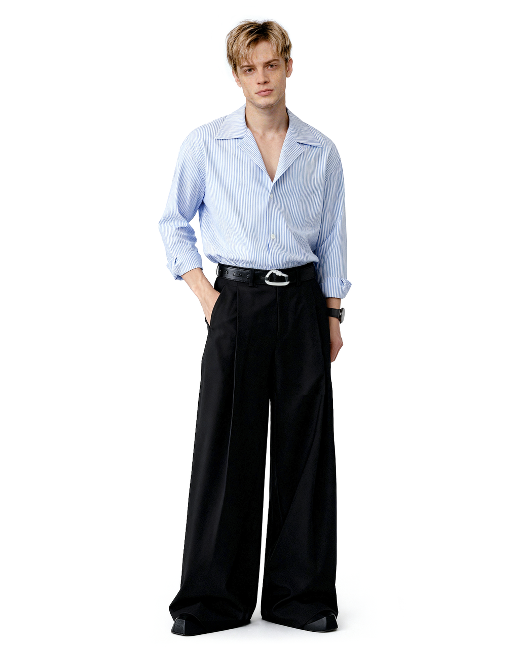 Wide Leg Tailored Trousers with Fold-Over Pleat