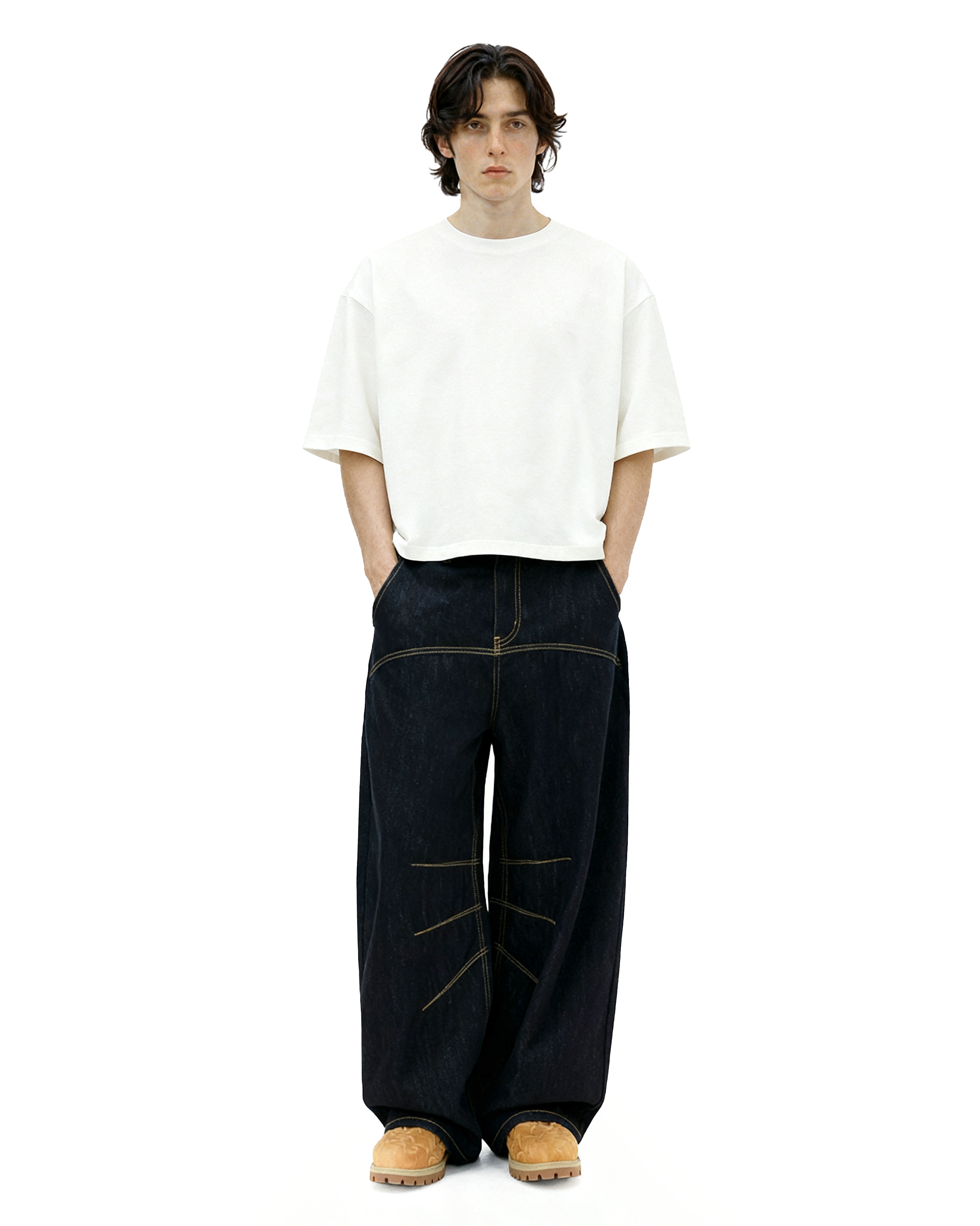 Wide Leg Contrast Stitch Detail Denim Jeans