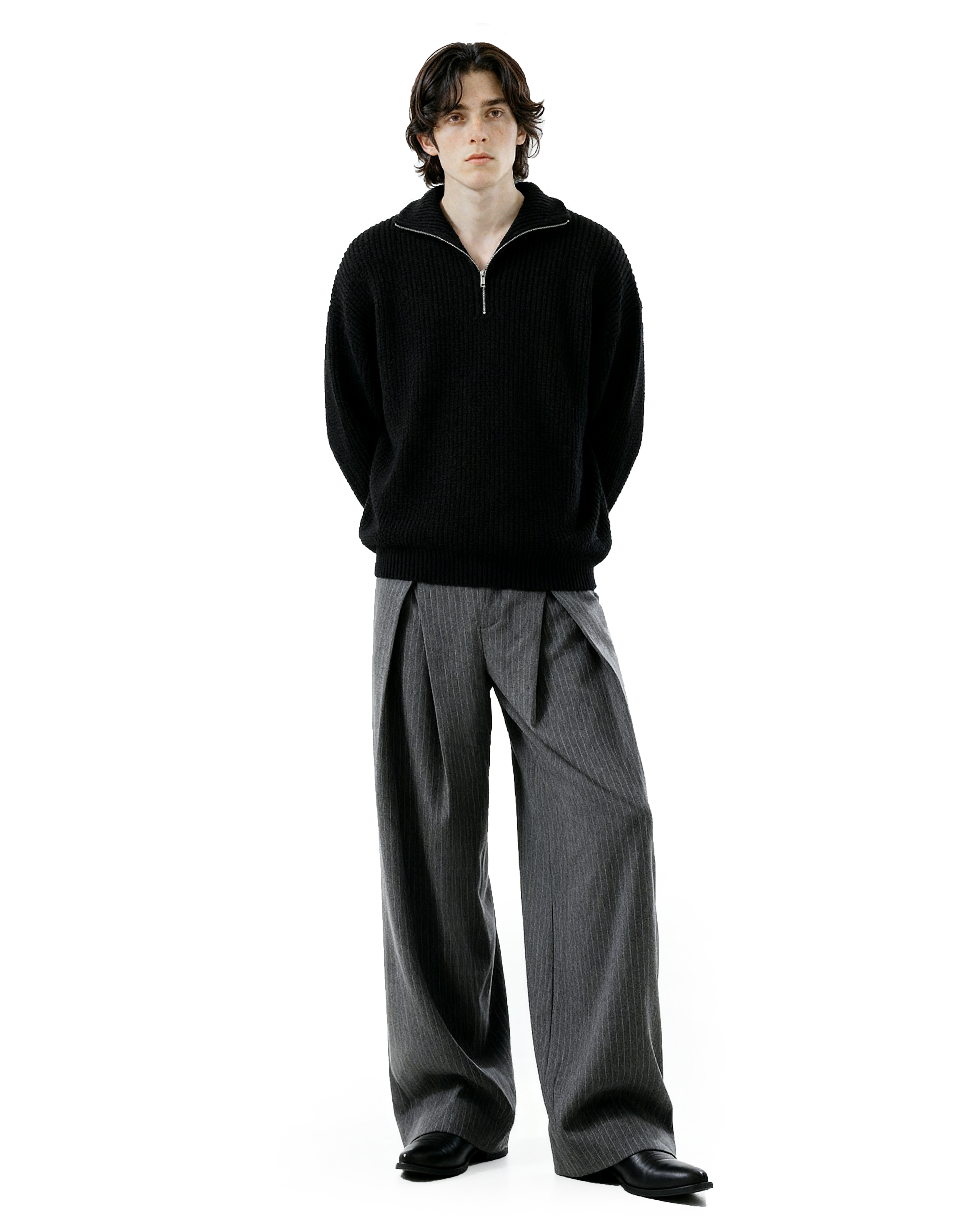 Overlap Pleated Pinstripe Wide-Leg Trousers
