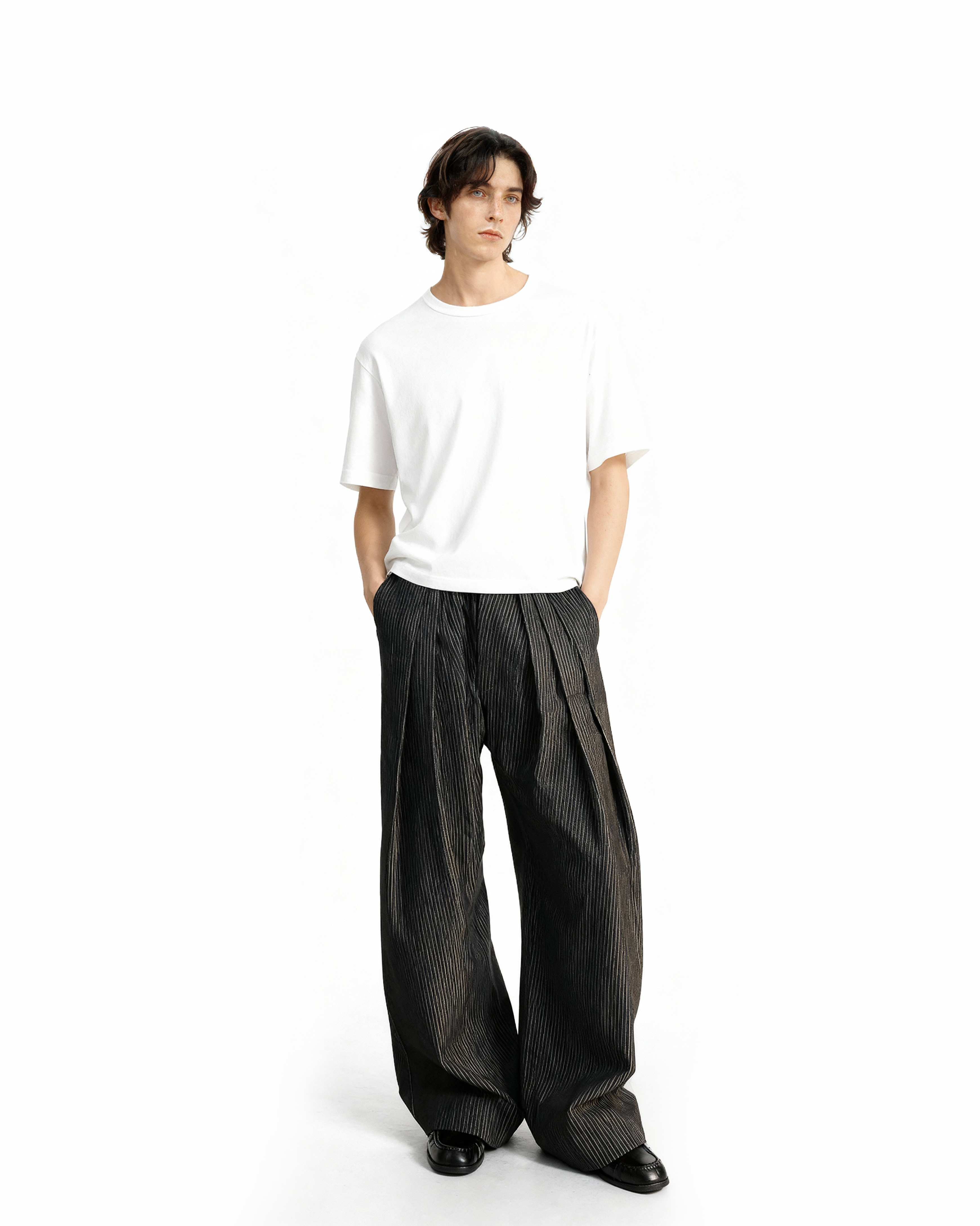 Pinstripe Wide Leg Semi-Flare Multi Pleated Pants