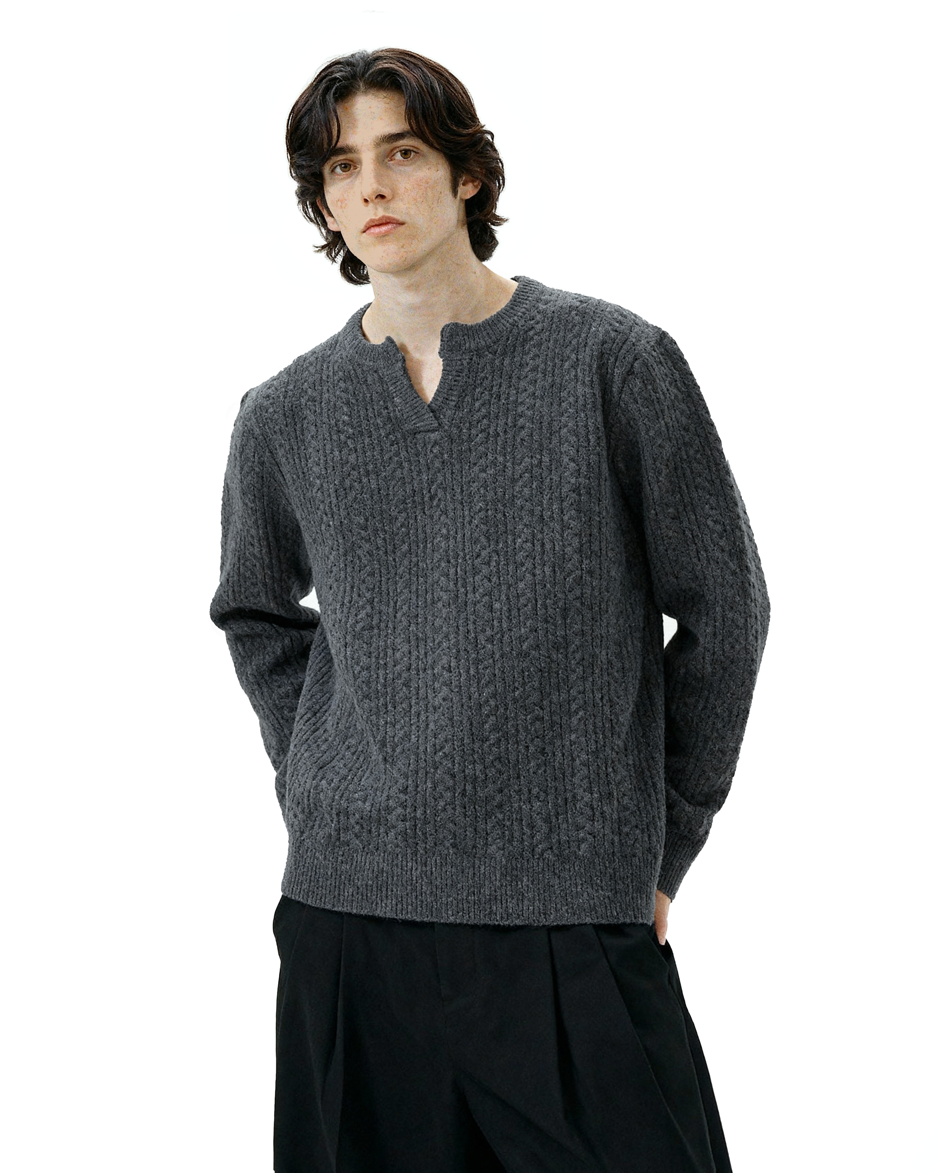 Cable Knit Notch-Neck Henley Pullover