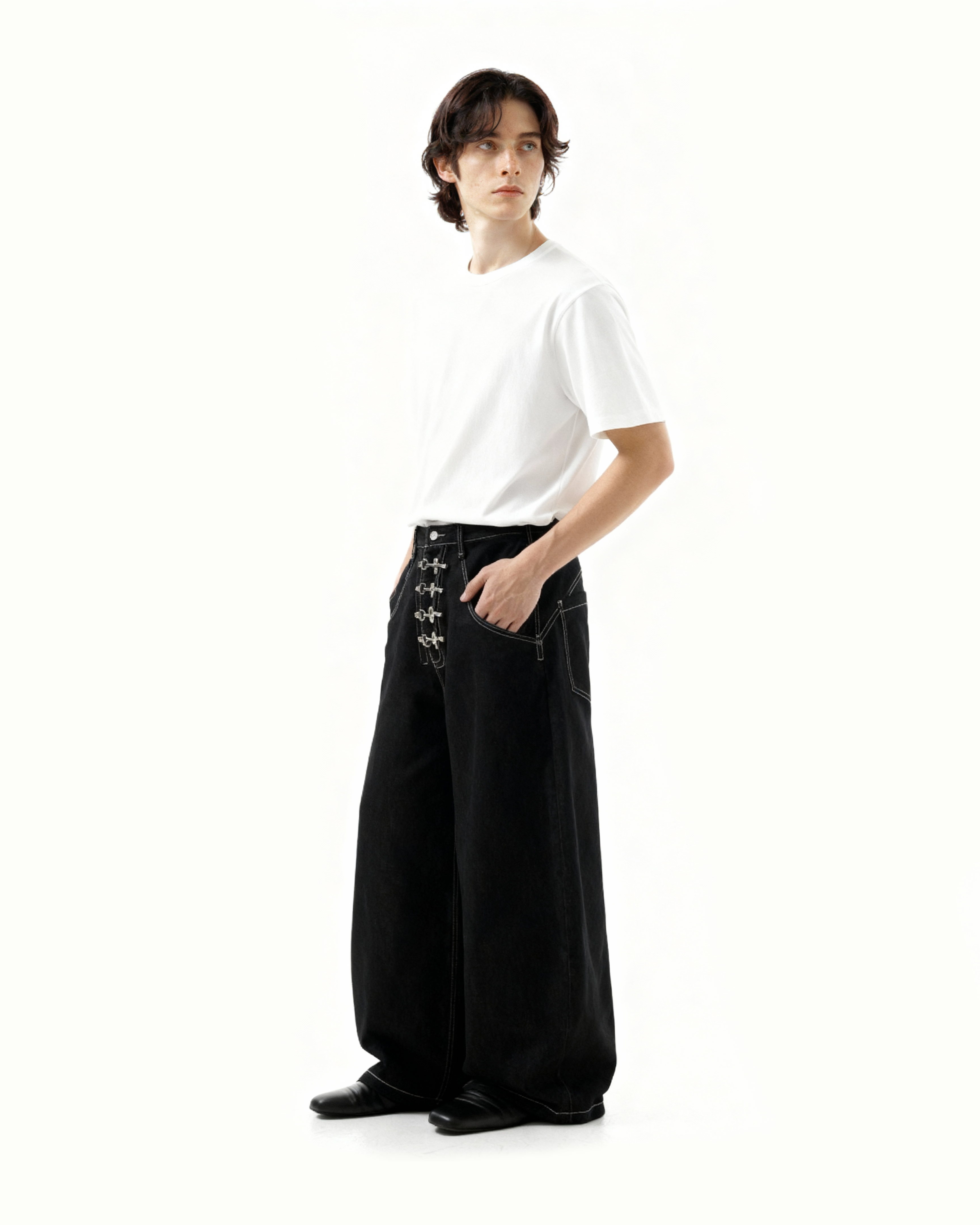 Fireman Buckle Crotch Wide Leg Jeans