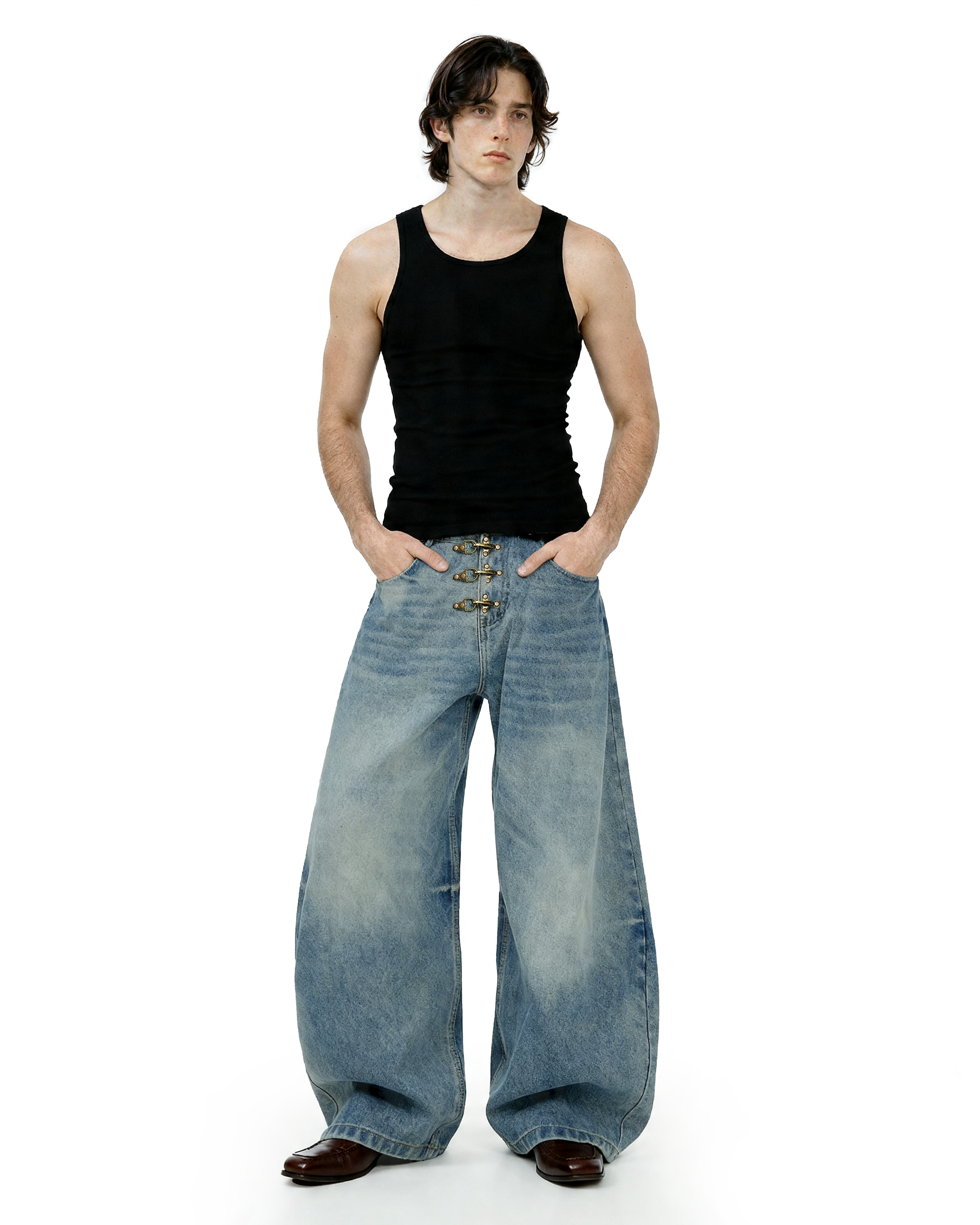 Fireman Buckle Crotch Wide Leg Vintage Wash Denim Jeans