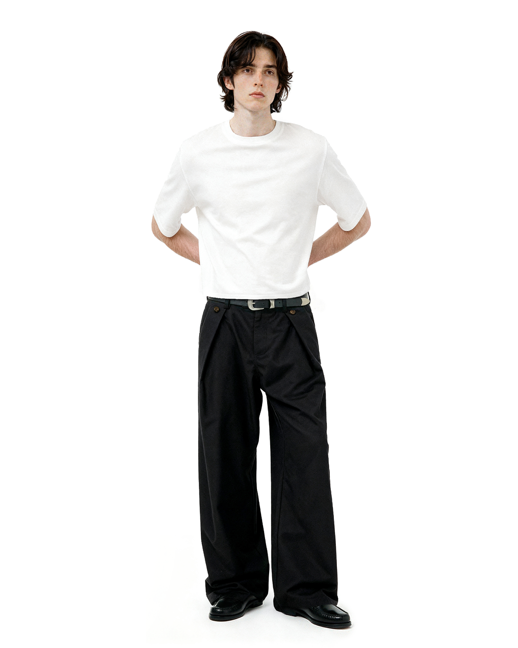 Wide Leg Pleated Pants with Side Overlay Button Panels