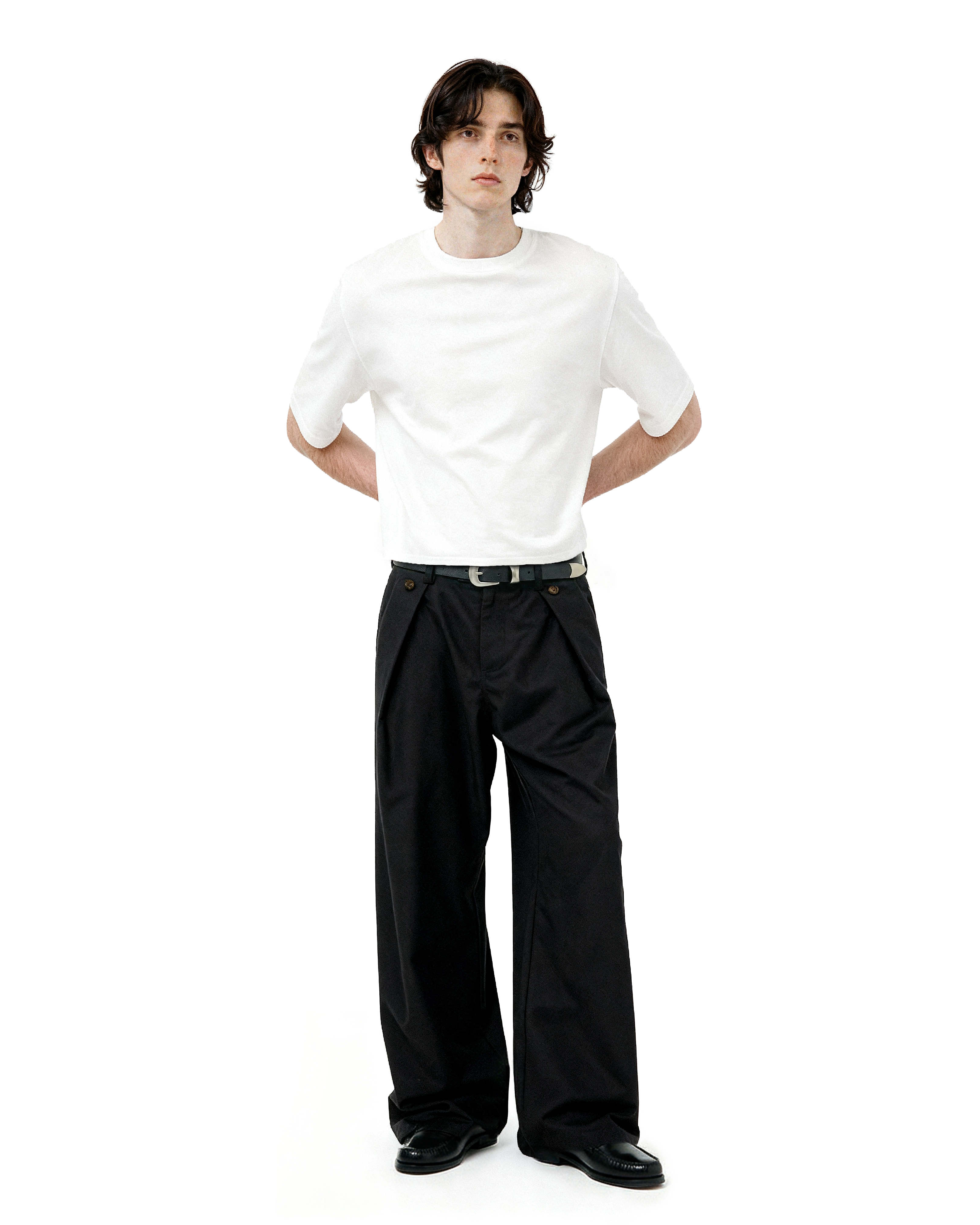 Wide Leg Pleated Pants with Side Overlay Button Panels