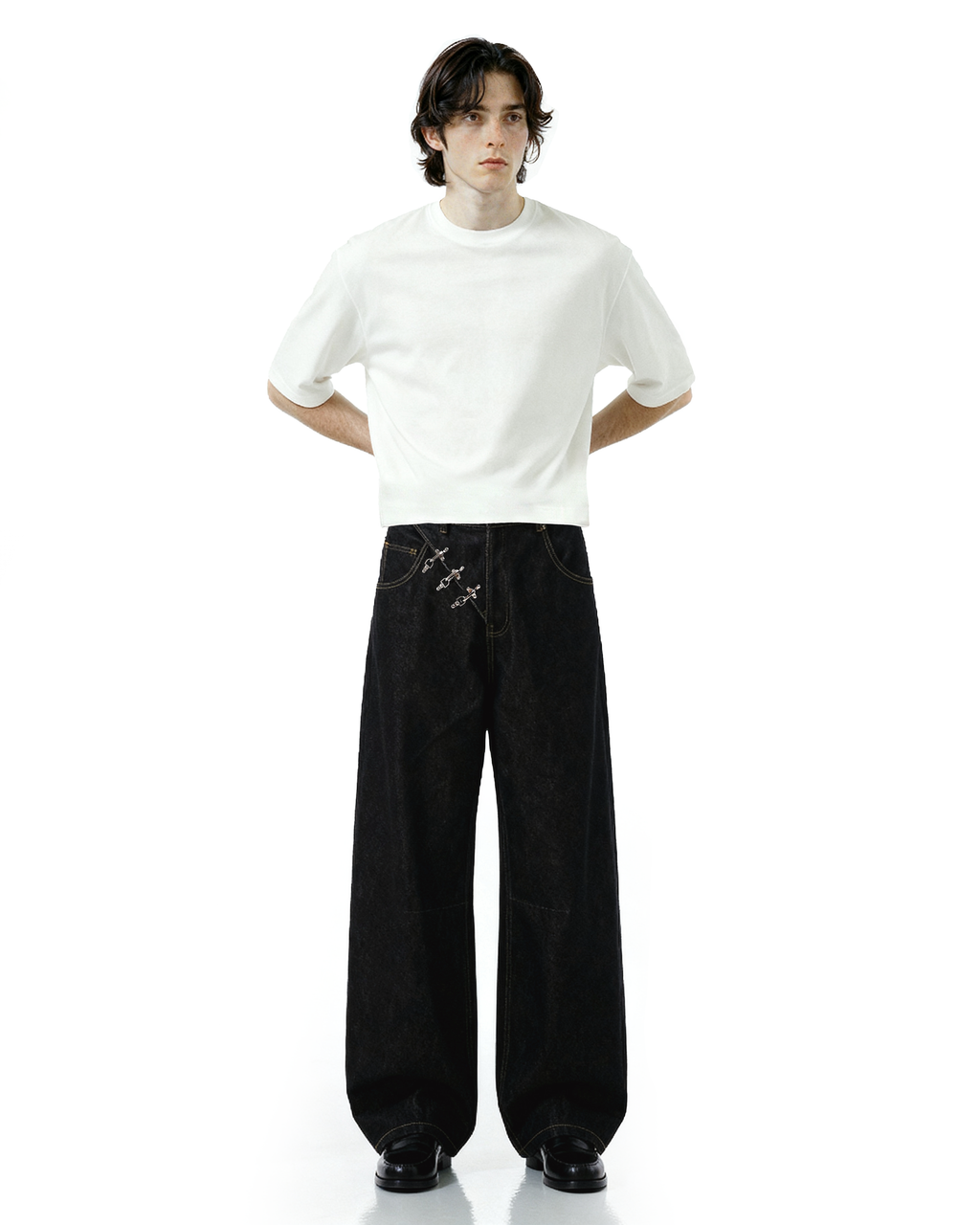 Contrast Stitch Wide Leg Jeans with Diagonal Fireman Buckles