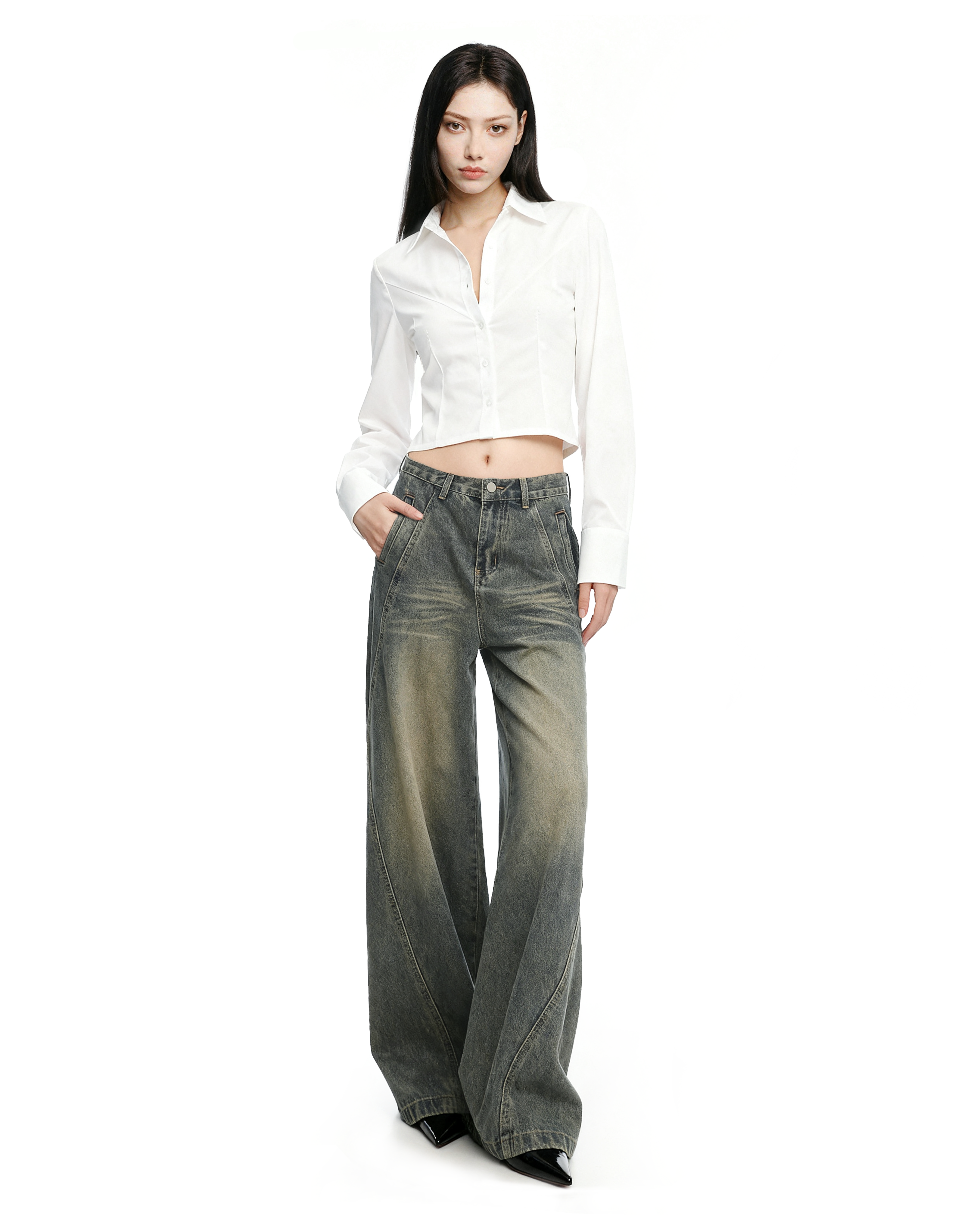 Sandblast Wide-Leg Jeans with Stitch Detail